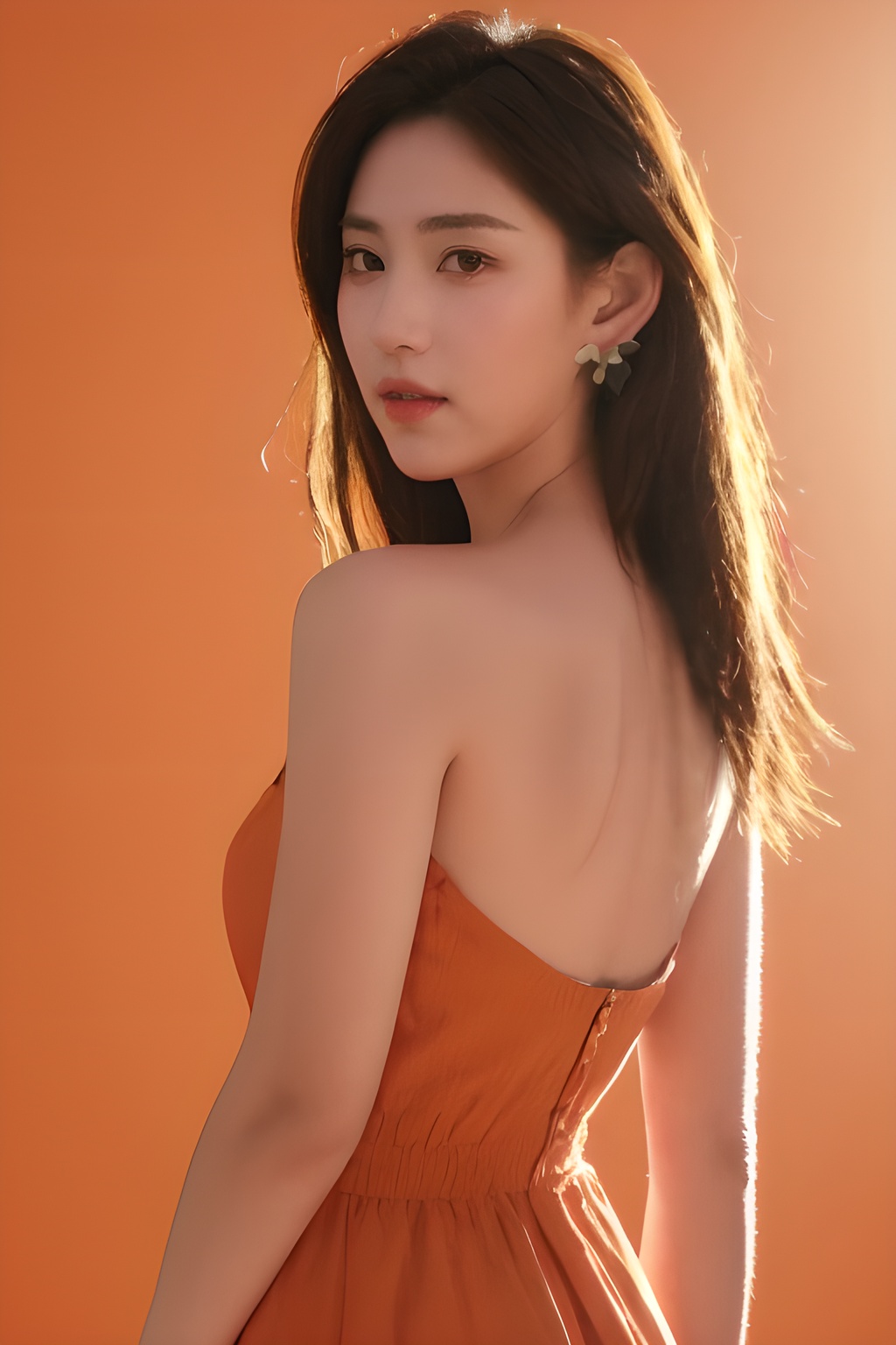 <lora:0828_04:0.4>,orange background, orange dress, 1girl,realistic,masterpiece, best quality, photorealistic, HDR,detail