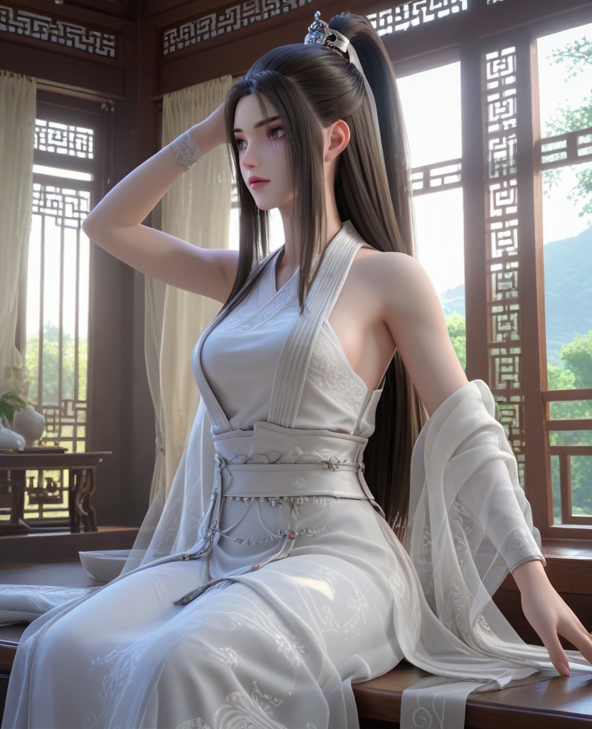 (oriental architecture, elegant decor, sophisticated style:1.1),(With feet placed together and arms wide open, she tilts her head back, soaking in the imaginary rays, embodying joy and freedom:1.1),(large breasts:1.2),<lora:XL16永生方清雪:0.95>,miss fangqingxue,see-through overdress with embroidery,white chinese clothes,black hair,half-up ponytail with long cascading hai,very long hair,white hagoromo,, score_9,score_8_up,score_7_up,score_6_up,score_5_up,score_4_up,3d rendering,tag1,tag2, Cinematic Lighting,backlighting,