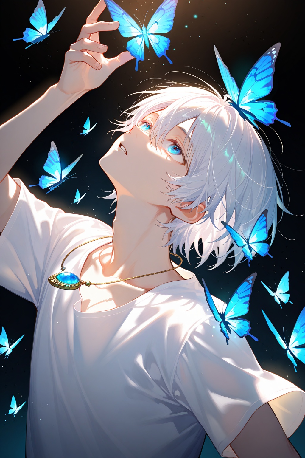 1boy, solo, black background, male focus, upper body, looking up, parted lips, blue eyes, hair between eyes, short hair, white hair, shirt, white shirt, jewelry, short sleeves, necklace, bug, butterfly, glowing, light particles, blue butterfly