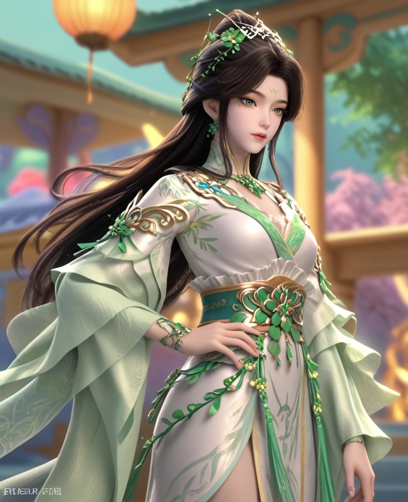 (oriental architecture, elegant decor, sophisticated style:1.1),(standing with hand on her hip:1.1),(breasts:1.2),<lora:XL16叶罗丽青梧仙子:0.95>,miss qingwu,white tiered gown,green eyes,facial mark,eye foils,black hair,half-up crown with long cascading hair,hair ornament,very long hair,jewelry,green shawl,sash,, score_9,score_8_up,score_7_up,score_6_up,score_5_up,score_4_up,3d rendering,tag1,tag2, Cinematic Lighting,backlighting,