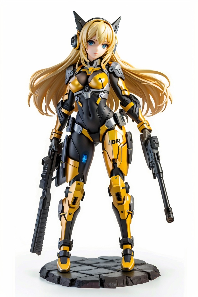 ((HRD, HUD, 8K)),((masterpiece, best quality)), highly detailed, soft light,Mecha, 1girl, solo, weapon, gun, long hair, white background, one knee, simple background, cyborg, holding, holding weapon, holding gun, bodysuit, blonde hair, full body, science fiction, helmet,﻿ <lora:20240427-1714184585124:0.7>