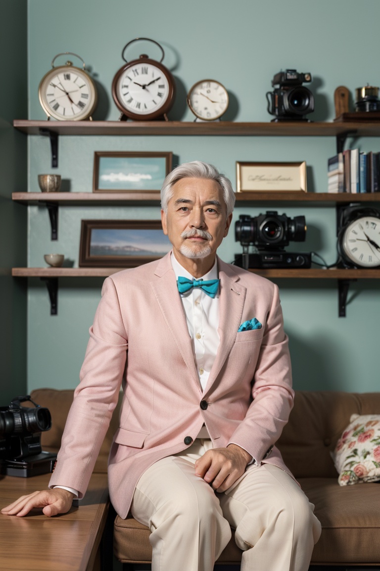 1boy, Europeans, an elderly gentleman with wavy white hair and a mustache, dressed in a vibrant pink suit, a patterned bow tie, and a pocket square. He is seated in front of a shelf filled with various objects, including clocks, cameras, and other collectibles, all set against a backdrop of a turquoise wall, masterpiece,best quality,very aesthetic,absurdres,