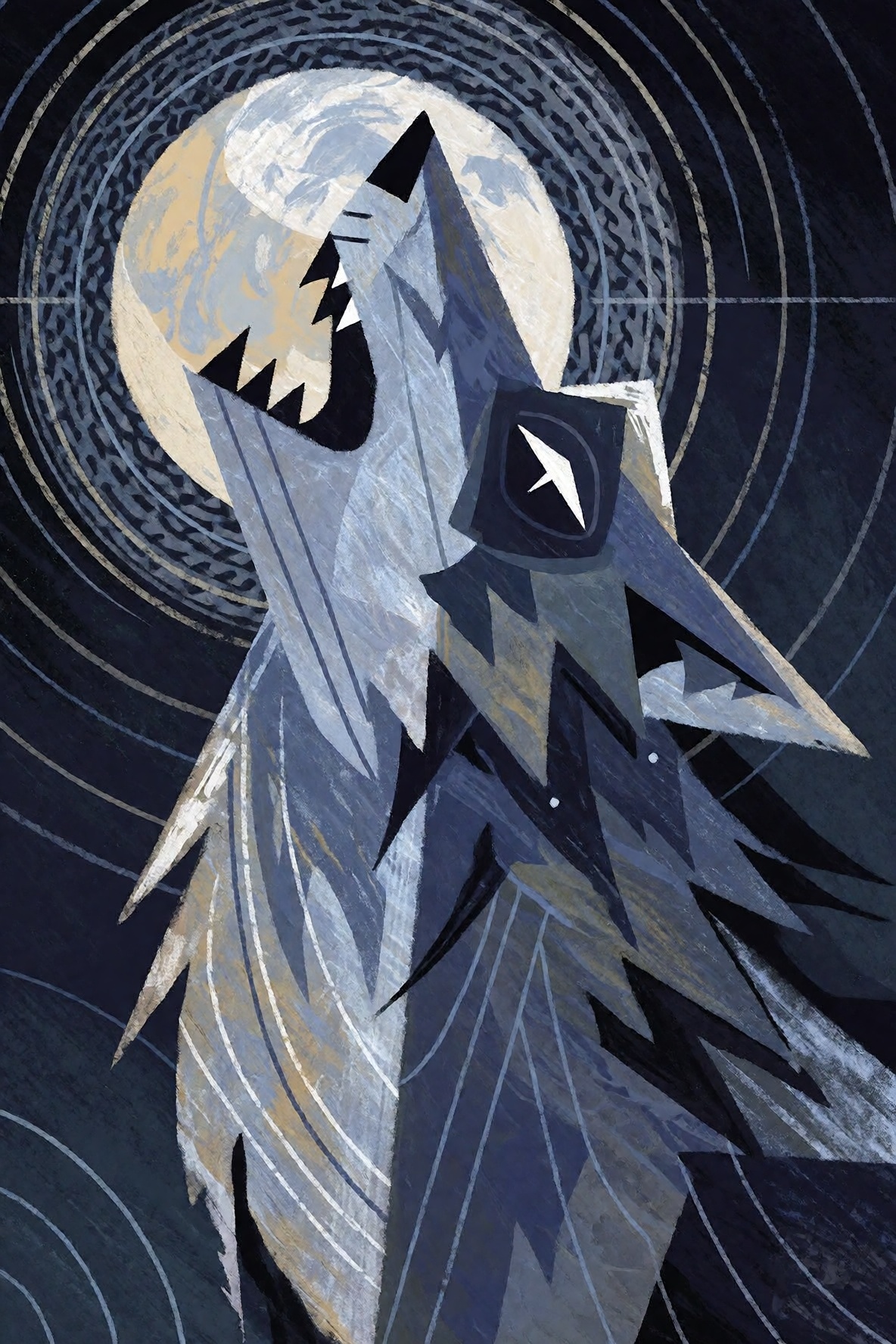 Abstract composition suggesting a wolf howling at the moon. The form is made of sharp,  jagged shapes and radiating lines...