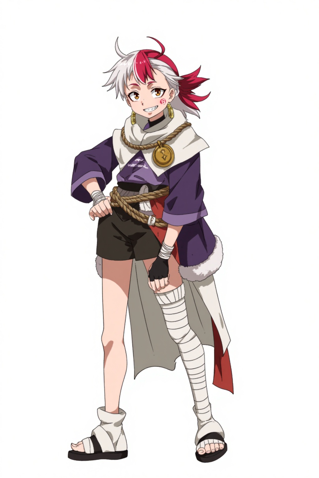 HEZI, Character Design, animation art, quadratic, bright colors, solo, smile, hand on hip, white background, full body, simple background, fingerless gloves, bandaged leg, grin, personification, white hair, gloves, multicolored hair, looking at viewer, long sleeves, jewelry, standing, 1boy, red hair, facial mark, male focus, teeth, two-tone hair, pouch, rope, ponytail, earrings, bandages, makeup, beads, orange eyes, bracelet, red eyes, fingernails, 1girl, black footwear, pelvic curtain, shorts, short hair, spiked hair, high ponytail, black gloves, genderswap, parted lips, sash, legs apart, humanization, leg wrap, clenched hand, japanese clothes, streaked hair, brown eyes, yellow eyes, sandals, shoes