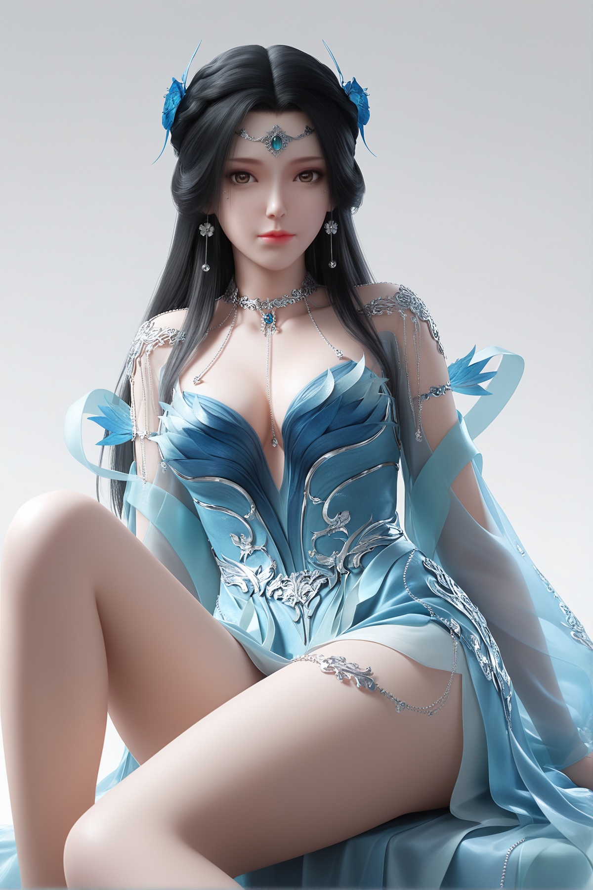 masterpiece,best quality,realistic,cinematic,detail eyes,(ultra-detailed),perfect composition,intricate details,absurdres,detailed face,high quality,high res,8K,<lora:X_jiangli_ts_IL3.0:0.8>,black hair,brown eyes,1girl,long hair,breast,medium breast,earrings,hair_ornament,dress,simple background,white_background,blue_dress,sitting,bare_legs,looking_at_viewer,
