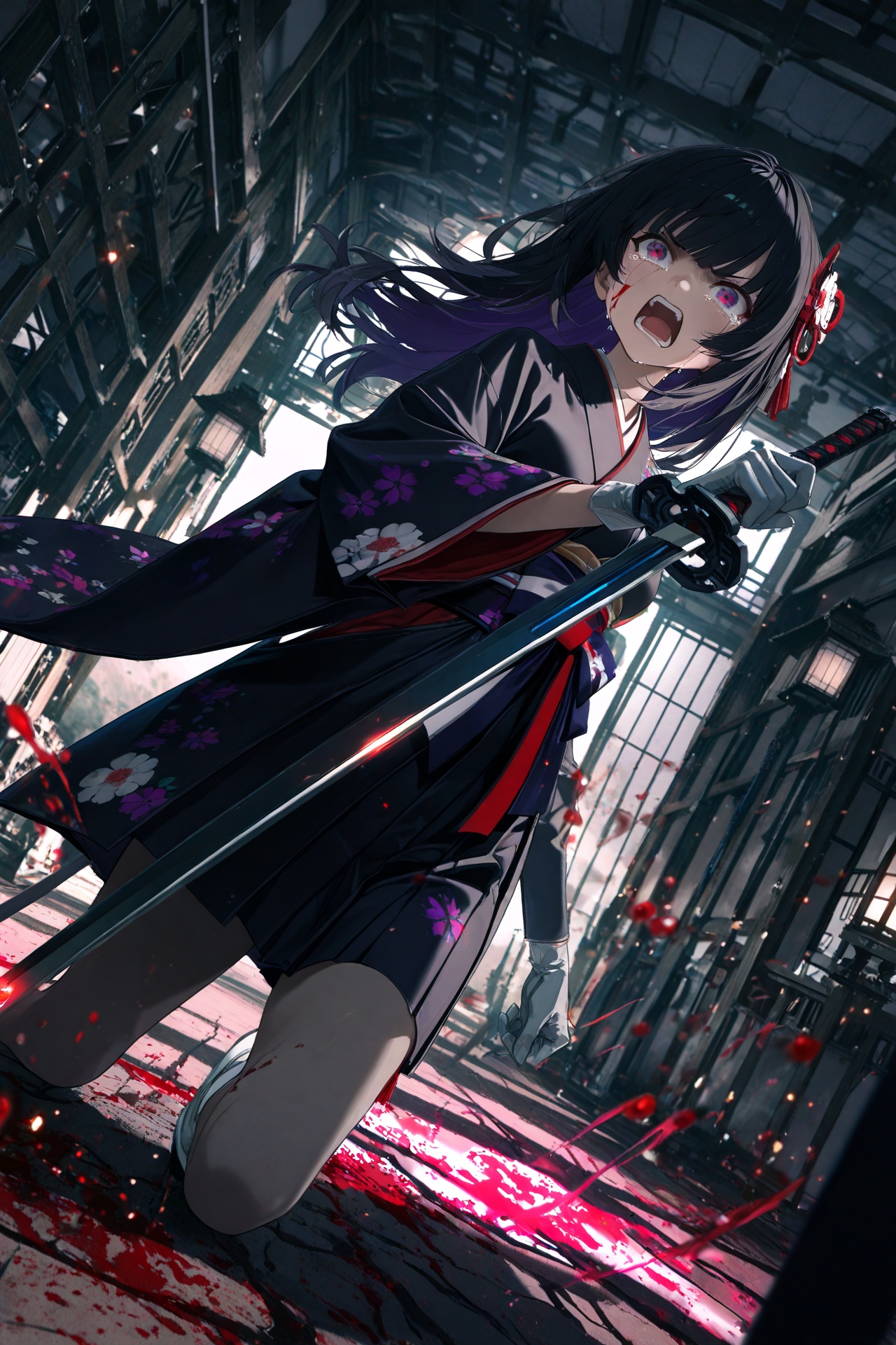 masterpiece,best quality,amazing quality,absurdres,newest,light particles,cinematic lighting,Visual impact,sharp focus,depth of field,dutch angle,scenery,(yoneyama mai:0.5),(WANKE:0.5),(noyu (noyu23386566):0.5),cute painting style,dark, 1girl, narberal gamma,, holding sword, japanese clothes, black kimono, oil paint, purple bloom, specular light, ambience light, cinematic lights, blood on face, attack, looking at another, angry, crying, shouting, solo, motion blur, silver_gloves