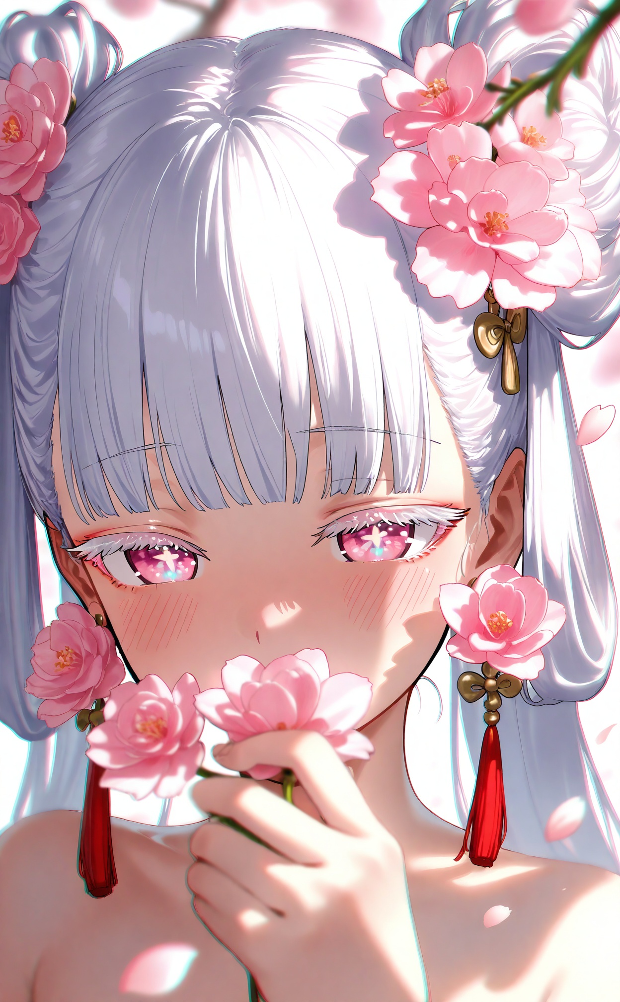 masterpiece,absurdres,best quality,high quality,chromatic_aberration,loli,//,1girl,flower,pink flower,solo,hair ornament,hair flower,earrings,blurry,portrait,jewelry,blush,close-up,depth of field,petals,looking at viewer,flower earrings,cherry blossoms,covered mouth,long hair,white hair,pink eyes,blurry foreground,blunt bangs,hair bun,eyelashes,pink rose,falling petals,colored eyelashes,spring (season),pink theme,blurry background,tassel earrings,thick eyelashes,tassel,sunlight,+_+,multicolored eyes,hair rings,//,<lora:nyalia917——【NOOB】hans:0.8>,