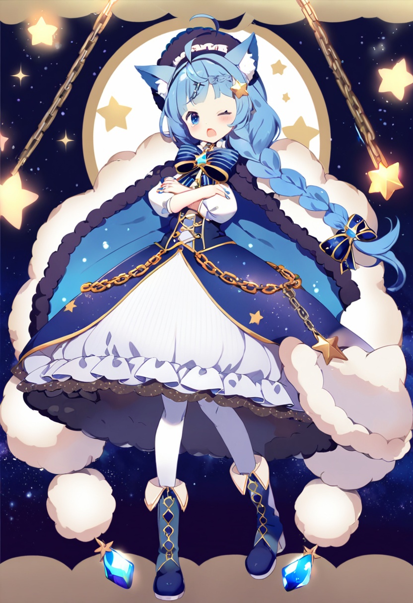masterpiece, best quality,1girl,   solo, braid, blue footwear, blue eyes, one eye closed, ahoge, blue nails, puffy sleeves, bow, boots, star \(symbol\), fur trim, looking at viewer, hat, jewelry, gem, long sleeves, bangs, hair ornament, full body, hair bow, open mouth, nail polish, long hair, brooch, blue headwear, cape, puffy long sleeves, single braid, blue cape, animal ears, dress, blue skirt, ;o, blue bow, kneehighs, skirt, chain, x hair ornament, blue gemstone, thighhighs, striped, socks, hairclip, blush, starry sky print, tearing up, striped bow, frilled headwear, very long hair, fur-trimmed cape, blue hair, cat ears, sidelocks, star hair ornament, crossed arms, vertical stripes, hairband, cat girl, star \(sky\), space print, petticoat, white background, layered dress, starry background, standing, white thighhighs <lora:yumenouchiXLlokr-000049:1>