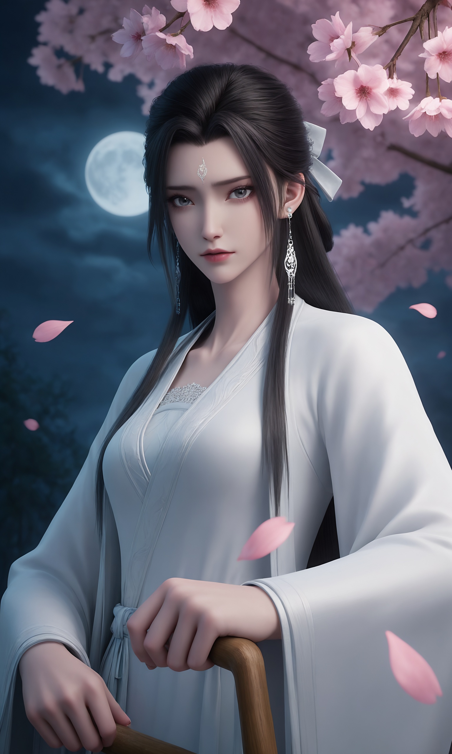<lora:诛仙3-陆雪琪睡袍ILL:0.8>,1girl,long,straight black hair,flowing,white traditional Chinese robe,white sash,long sleeves,two long braids,, masterpiece,best quality,solo,1girl,upper body,petals,looking at viewer,moon,branch,cherry blossoms,flower,extreme aesthetic,(quasarcake:0.7),masterpiece,best quality,good quality,newest,very aesthetic,absurdres,A shot with tension,(Visual impact,giving the poster a dynamic and visually striking appearance:1.2),impactful picture,offcial art,colorful,splash of color,movie perspective,