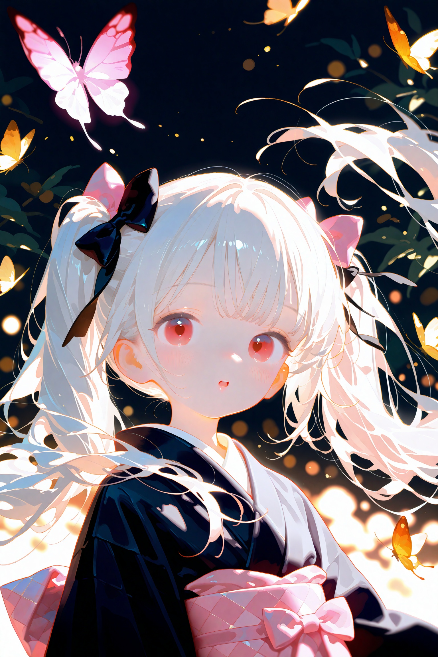 1girl, solo, long hair, looking at viewer, blush, bangs, red eyes, long sleeves, bow, twintails, very long hair, upper body, white hair, hair bow, parted lips, japanese clothes, kimono, blurry, :o, black dress, black bow, floating hair, depth of field, animal, bug, pink bow, butterfly, black kimono<lora:A420.1024alens2-000036:0.8>,