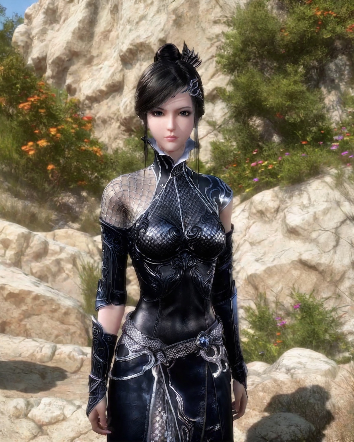 <lora:SF_QiongNi_Pony_Realism-000003:0.7>,1girl,solo,armor,hair bun,hair ornament,standing,looking at viewer,black hair,long hair,
