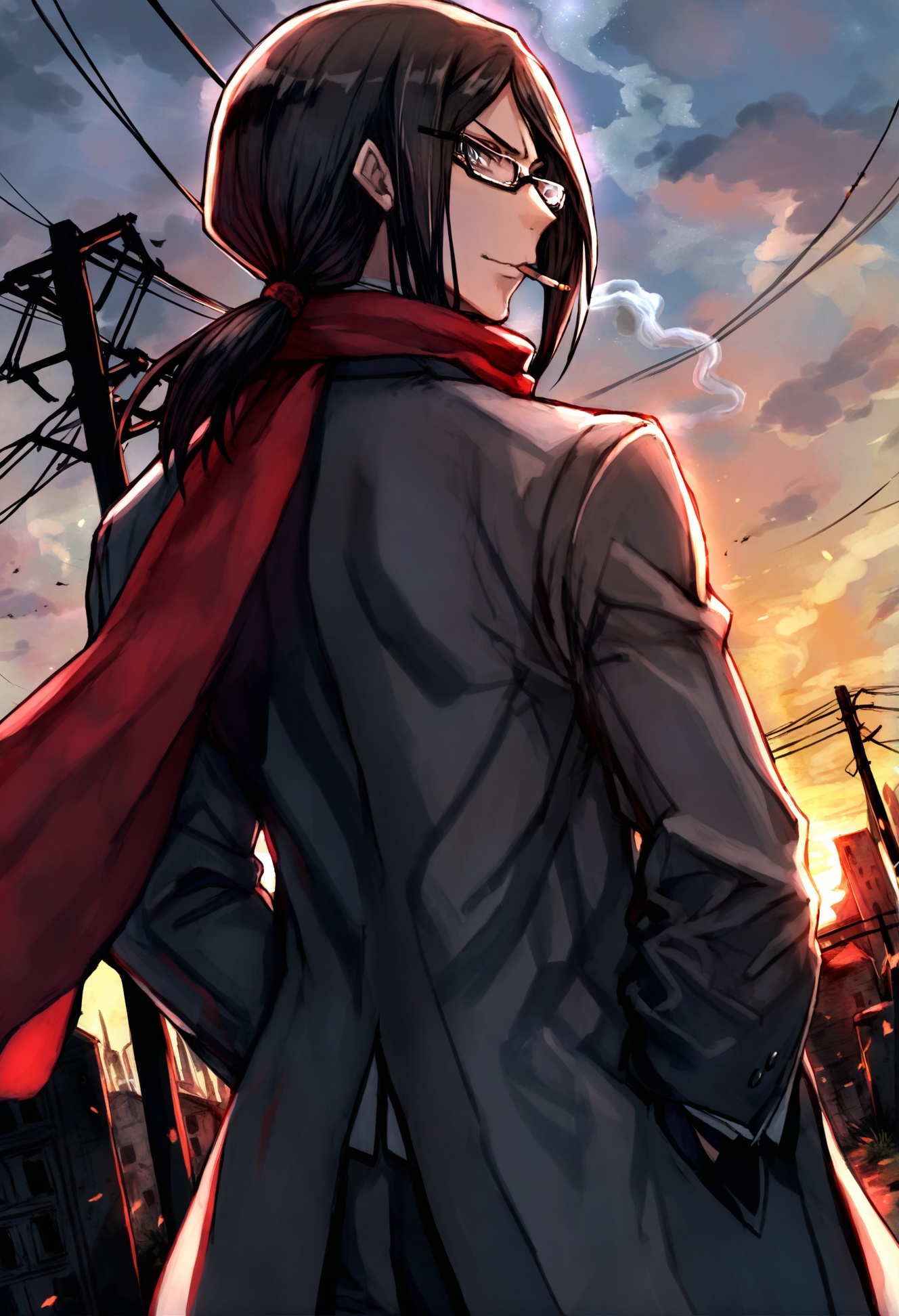 masterpiece, best quality,1boy, male focus, lord el-melloi ii, waver velvet,  solo, long hair, cigarette, black hair, smoking, gloves, glasses, red scarf, scarf, lighter, looking back, cigar, black gloves, from behind, white background, smoke, formal, stole, suit, simple background, aged up, looking at viewer, (sky:1.1), cloud, scenery, outdoors, star, (sky:1.1), cloudy sky, sunset, starry sky, power lines, hand in pocket, ruins, grey coat, star \(sky\), backlighting, low ponytail, mouth hold, necktie, utility pole, hair between eyes, grey eyes, standing <lora:さばみそ太郎XLlokr8f-000097:0.95>