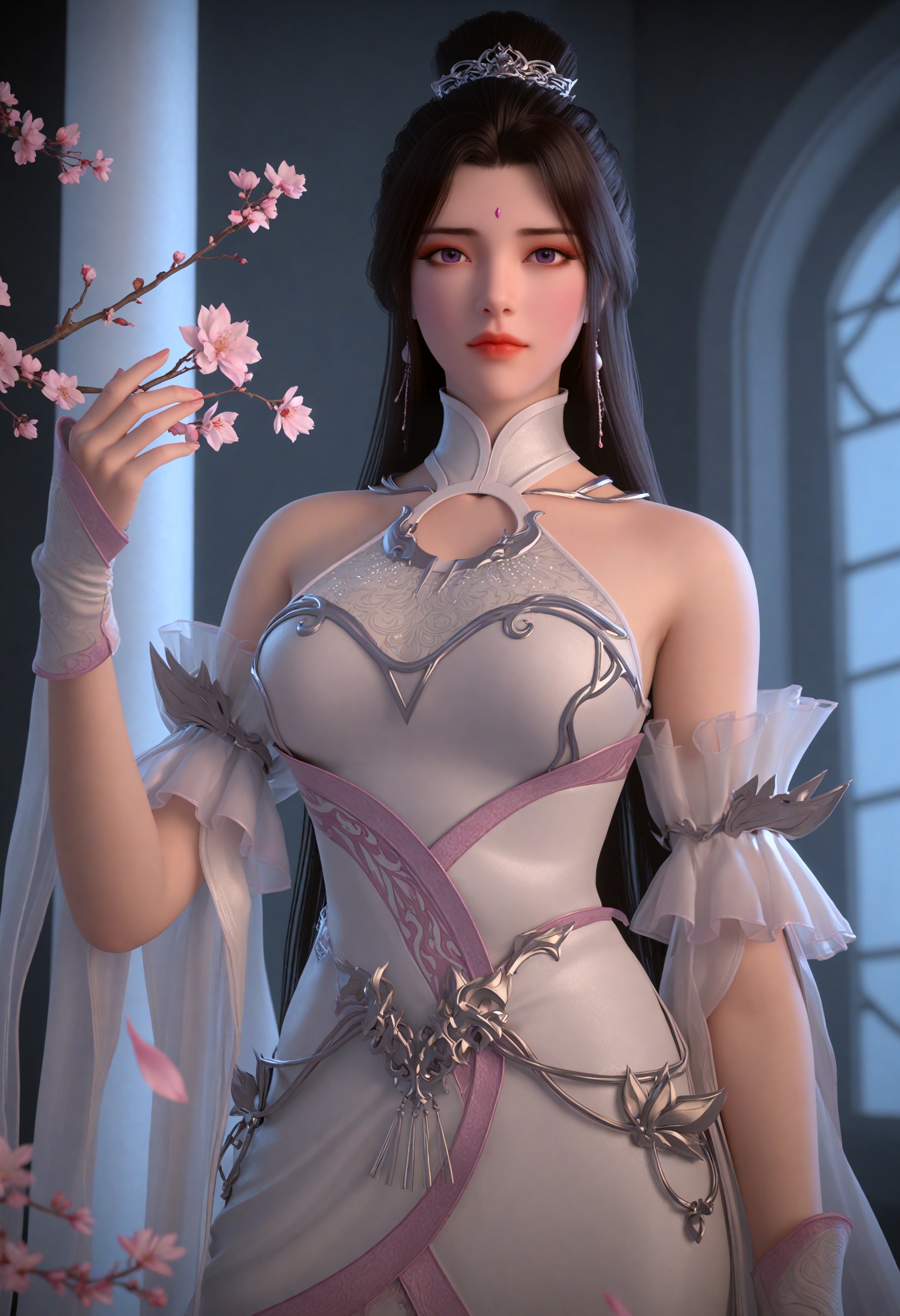 (cowboy shot:1.2),(gigantic breasts:0.6),(slender:1.3),(looking_at_viewer:1.1),(masterpiece:1.1),(best quality:1.2),(intricate details),dim lighting,(smog:1.3),(Dark room:1.3),(dim lighting:1.3),peach blossom,falling petals,<lora:YQ_li光辉v5_月婵_V1:0.8>,qq1528437228,solo,1girl,long_hair,dress,bare_shoulders,hair_ornament,black_hair,jewelry,white_dress,hair_bun,earrings,forehead_mark,single_hair_bun,brown_hair,purple_eyes,facial_mark,detached_sleeves,realistic,chinese_clothes,gloves,ribbon,forehead_jewel,masterpiece,(best quality),(intricate details:0.9) BREAK masterpiece,(best quality),(intricate details:0.9),(realistic skin:1.2),