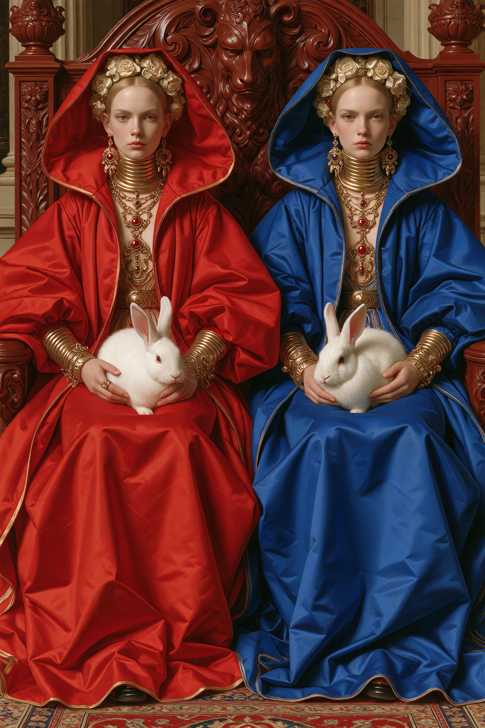 sacredmenag,  identical ***** twin sisters seated side by side on an enormous carved chair,  one dressed entirely in crims...