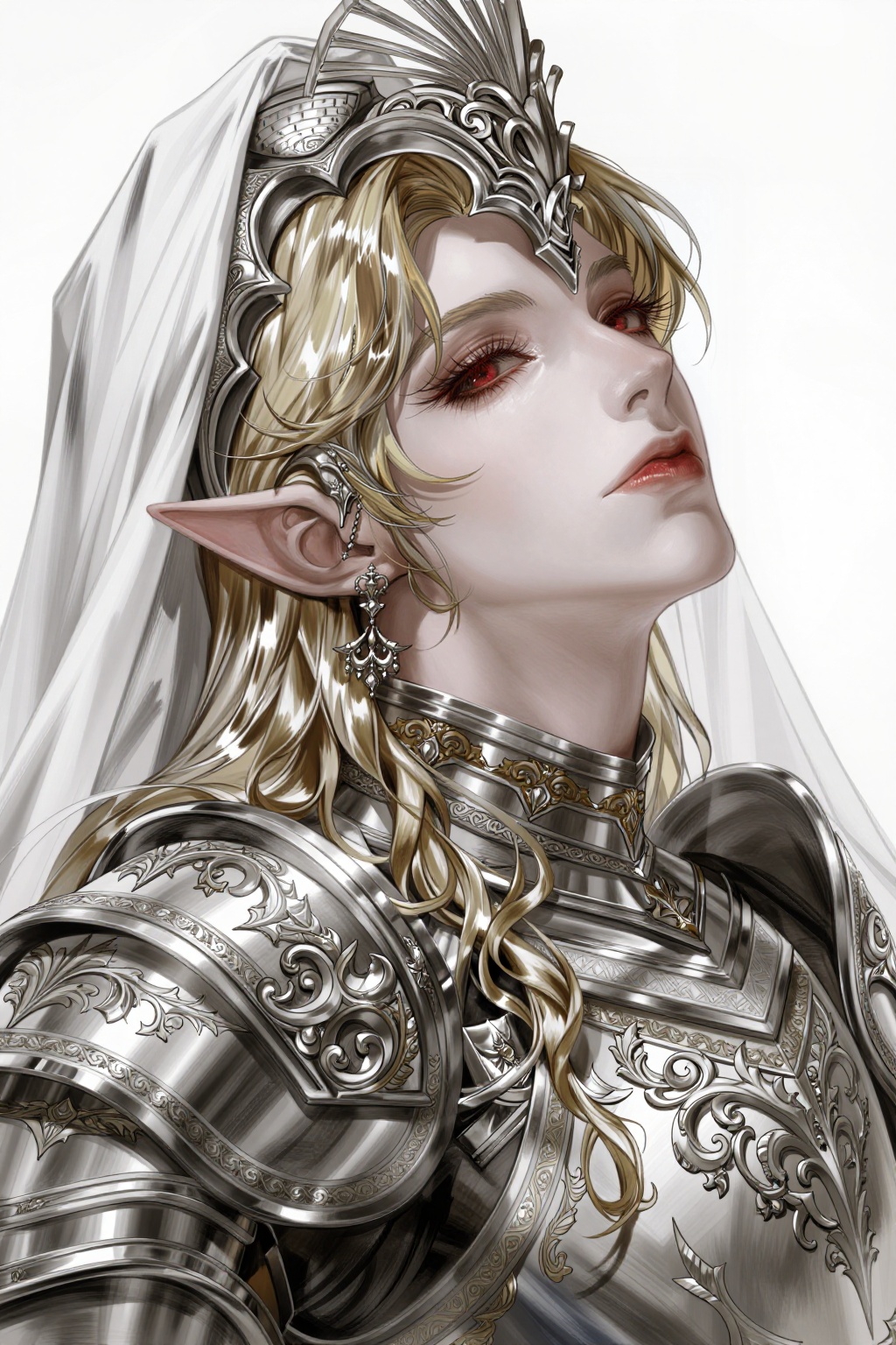 An extreme closeup of a stunning,  highly detailed close-up portrait of an ethereal,  male elf character viewed in profile...