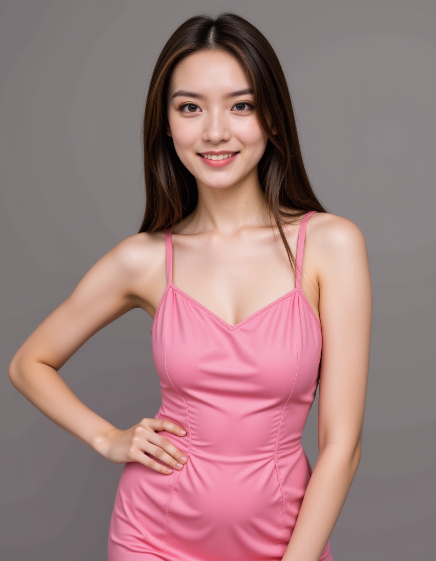 teenage,1girl,waist up,realistic,pink dress,