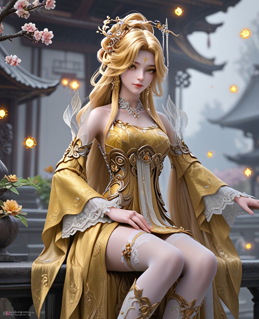 (oriental architecture, elegant decor, sophisticated style:1.1),Sitting on the edge of a chair,(breasts:1.2),<lora:XL16完美世界黄金花女子:0.95>,1girl,yellow dress,yellow eyes,yellow eyeshadow,forehead mark,blonde hair,very long hair,hair ornament,princess half-up hairstyle with long cascading hair,wide flowing sleeves,white thighhighs,sash,, zPDXL2, score_9, score_8_up, score_7_up BREAK realistic, masterpiece,best quality, highly detailed,, zPDXL3, zPDXL2,zPDXL, zPDXLxxx, zPDXLrl,