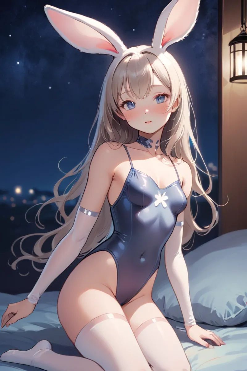 In the tranquil embrace of night,  the Bunny Girl extends her gentle goodnight wishes. Her attire,  a mesmerizing combinat...