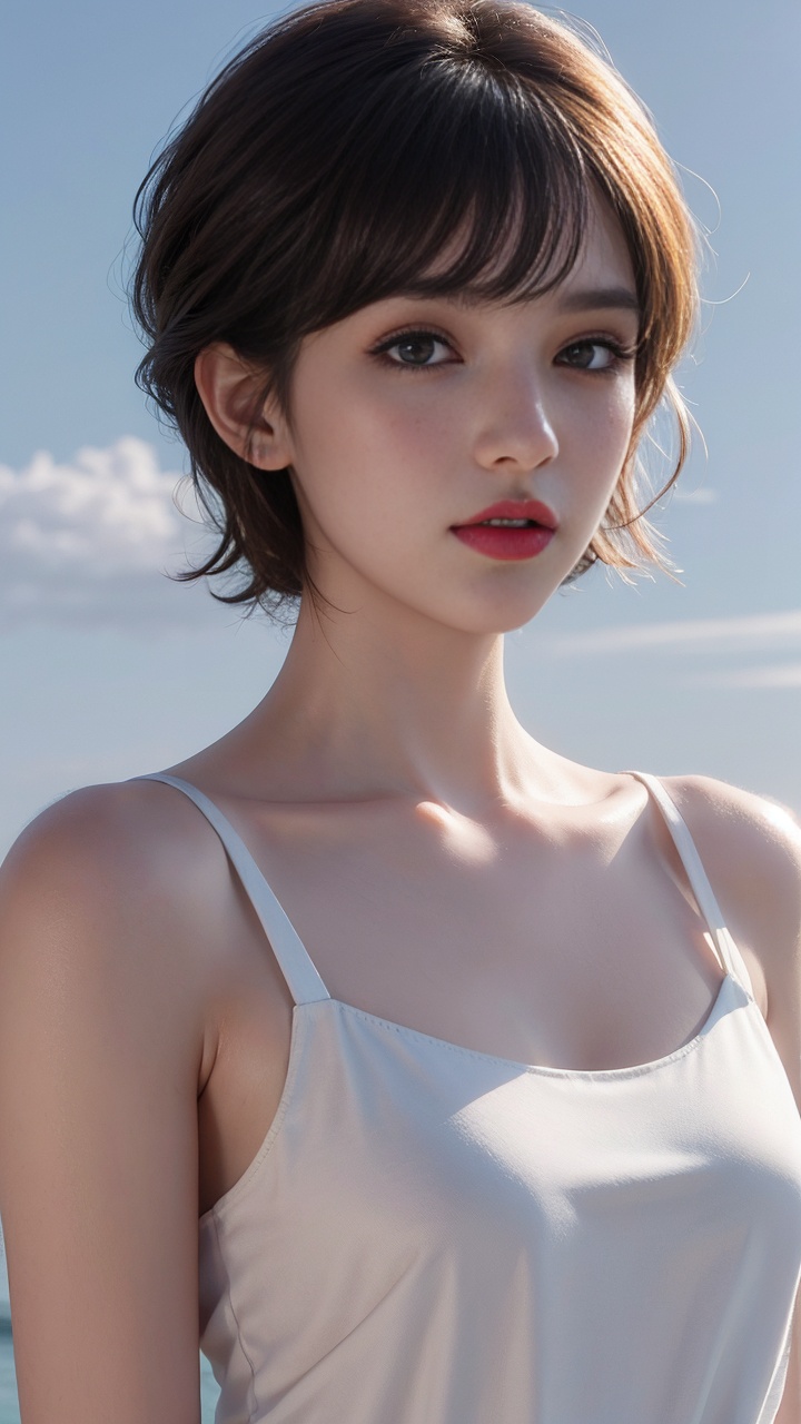 1girl, 3d, bangs, bare_shoulders, black_hair, collarbone, dress, eyelashes, lips, looking_at_viewer, realistic, red_lips, short_hair, sleeveless, solo, upper_body, white_dress