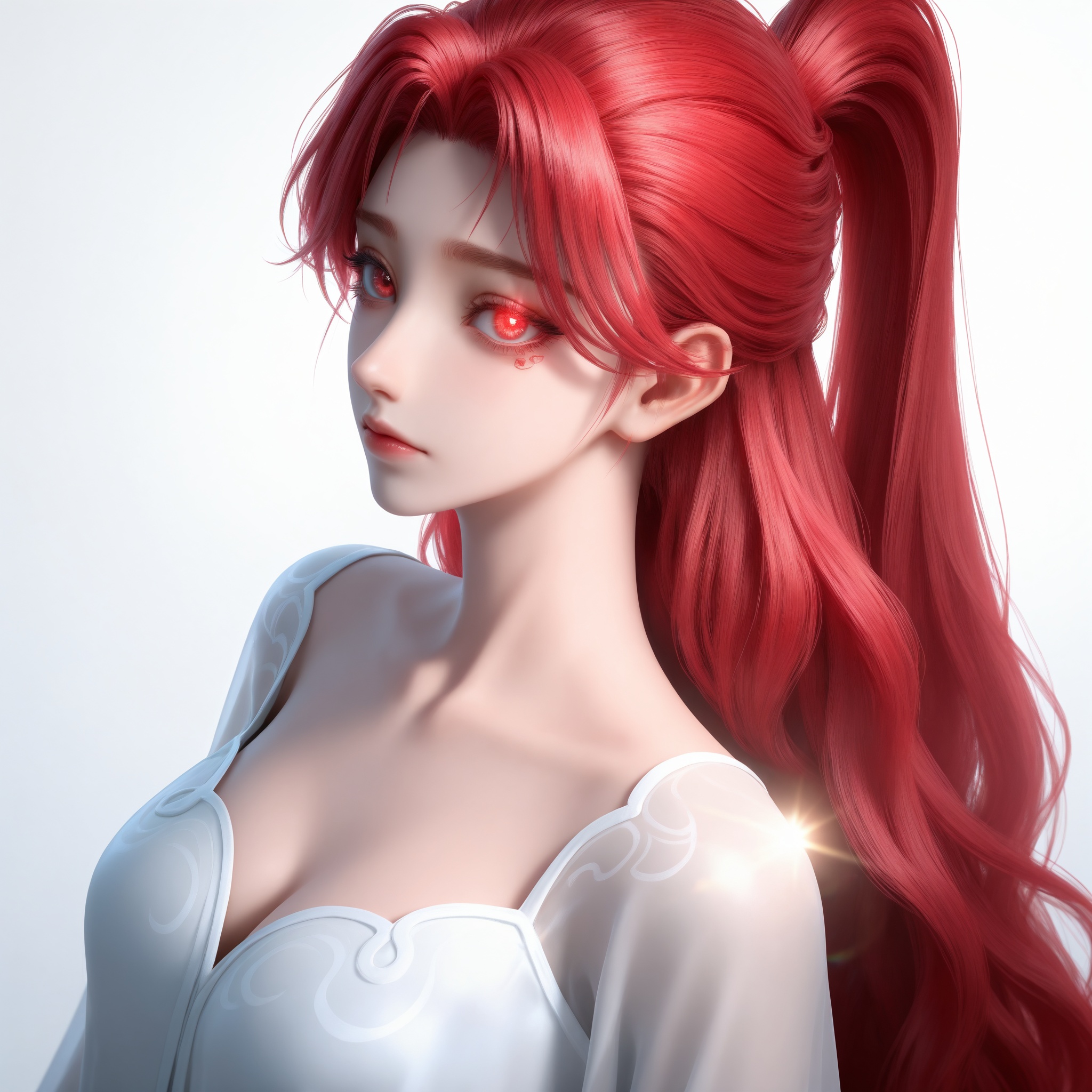 Nai3 style,realistic style photo,outstanding style,Use soft lighting to cast gentle shadows on the subject,adding a touch of dimension to your images without compromising details,whirls of vapor,(Anime:1.1),soft neon light,ethereal ambiance,delicate details,magical atmosphere,concept art,highly detailed,ultra-high resolution,32K UHD,sharp focus,best-quality,masterpiece,golden hour,unconventional supreme masterpiece,masterful details,temperate atmosphere,with a high-end texture,in the style of fashion photography,magazine style,Dynamic Angle,Dynamic posture,magazine style,Dynamic Angle,Dynamic posture,(cowboy_shot:1.2),eye trail,depth of field,cinematic lighting,lens flare,(artist:quasarcake:0.8),close-up,(artist:quasarcake:0.8),extreme aesthetic,(wlop:0.6),(honjou raita,lack,rella,wanke:0.5),masterpiece,best quality,good quality,newest,year 2025,very aesthetic,absurdres,Visual impact,A shot with tension,ultra-high resolution,32K UHD,sharp focus,best-quality,masterpiece,Emotionalization,unconventional supreme masterpiece,masterful details,temperate atmosphere,with a high-end texture,in the style of fashion photography,(Visual impact:1.2),giving the poster a dynamic and visually striking appearance,<lora:百炼成神3-火允儿-浴袍IL:0.8>,1girl,red hair,long hair,ponytail,red eyes,white dress,see-through,cleavage,long sleeves,bare legs,barefoot,, realistic style,white background,upper body,looking at viewer,dynamic posture,