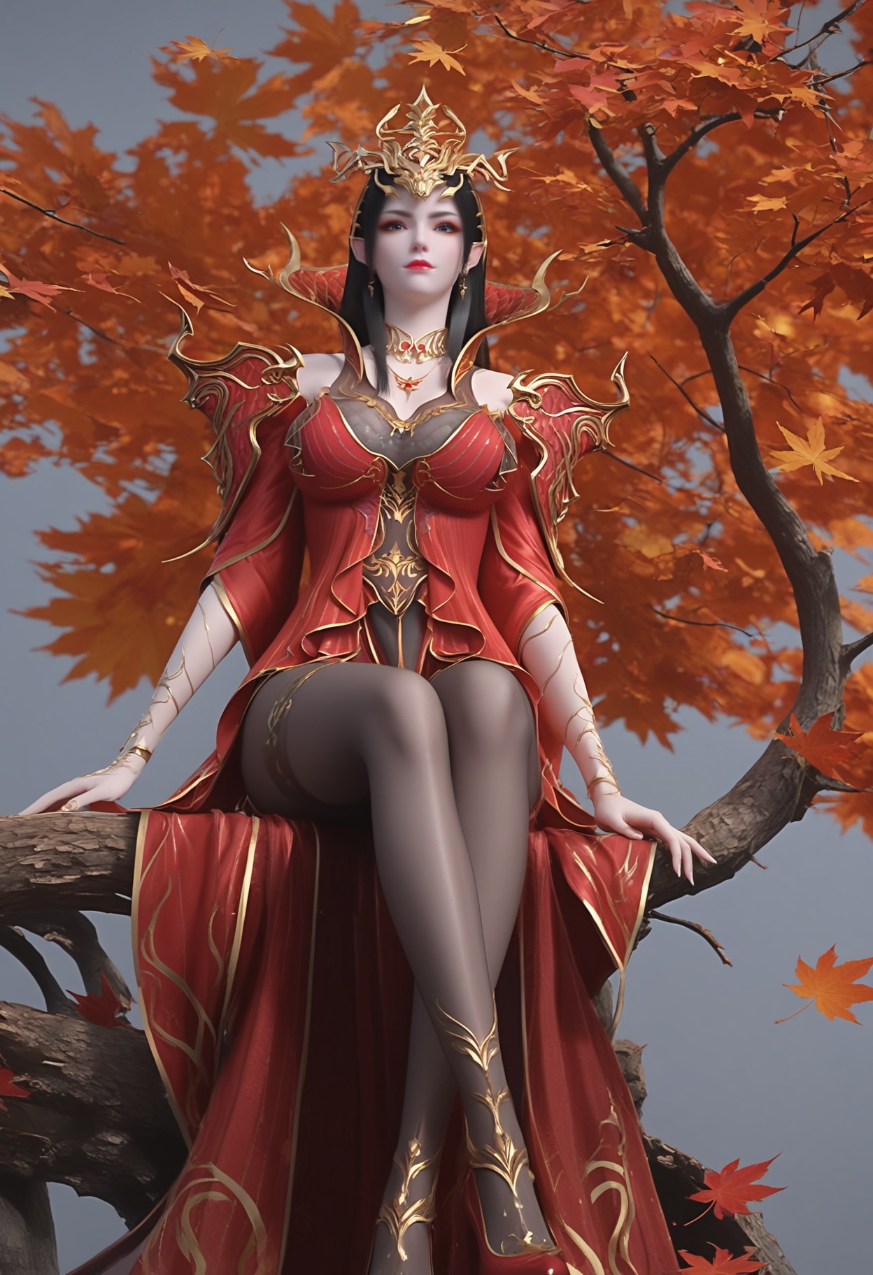 (score_9),<lora:斗尊美杜莎-apony-000009:0.85>,meidusha,1girl,solo,hair ornament,tiara,long hair,black hair,pointy ears,earrings,(gray-blue eye),cocked eyebrow,collar,popped collar,jewelry,shoulder armor,metal collar,necklace,red dress,detached sleeves,long sleeves,see-through sleeves,(glamor),curvy,mature_female,collarbone,pointy breasts,puffy breasts,(large teardrop breasts),large breasts,(see-through cleavage),see-through legwear,black pantyhose,pelvic curtain,long dress,BREAKlooking at viewer,front view,sitting,(red footwear),full body,crossed_legs,from below,BREAK<lora:Expressive_H-000001:0.8>,light blush,Expressiveh,body blush,<lora:e肤色滑块:0.25>,(pale_skin),(Ivory_skin),(light_skin),ultra-detailed skin texture,detailed textures,BREAK<lora:e色温:0.35>,simple background,grey background,twig,autumn leaves,branch,falling leaves,Tyndall effect,available light,depth of field,lens_flare,