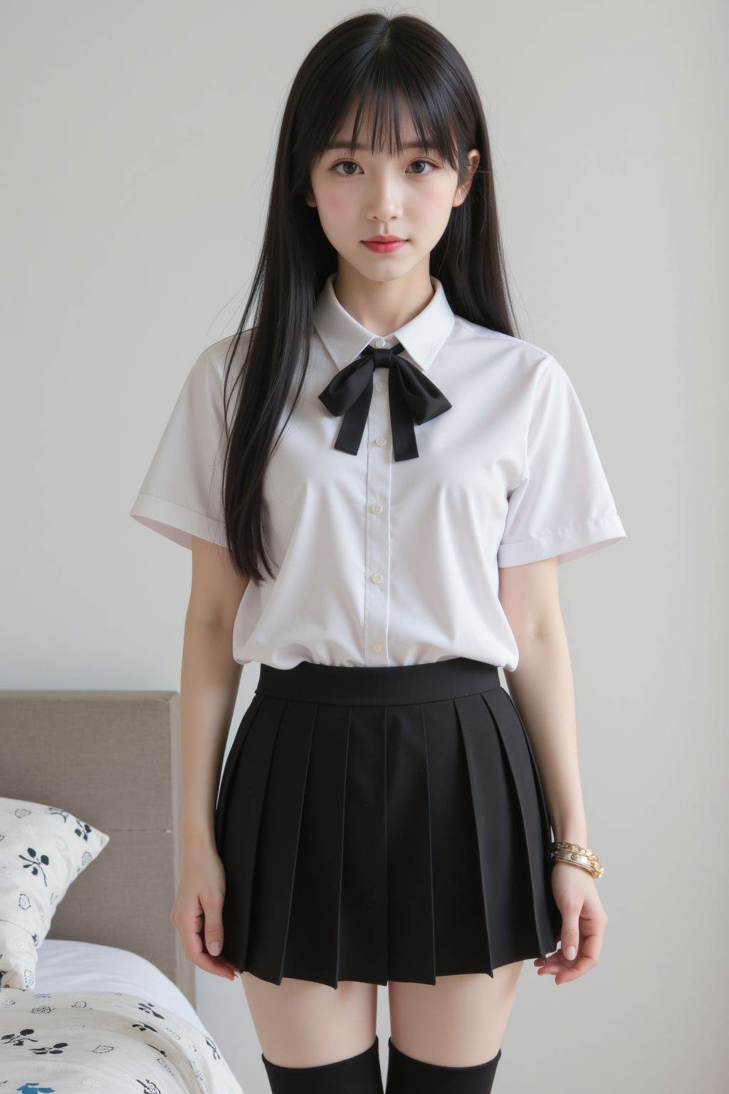 A young girl is standing and facing the viewer, slightly off-center to the left in a medium shot. She appears to be in her early twenties. She wears a white, short-sleeved collared shirt with a black bow tie, a black pleated mini-skirt, and black over-the-knee socks. A gold bracelet is visible on her left wrist. She has long, straight black hair with bangs, fair skin, and red lipstick. Her facial expression is neutral. The background is a plain white wall and a portion of a bed with patterned linens on the left side. The lighting appears to be natural, creating soft shadows. The overall composition is clean and simple. The style is somewhat suggestive, with emphasis on the woman's figure and clothing.