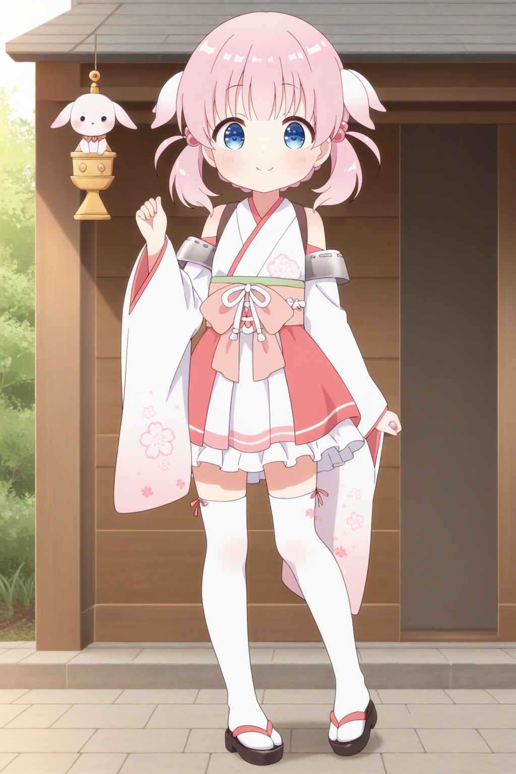 <lora:Haizakura_Ill_v10:0.8>,full body,Haizakura,little_girl,loli,kawaii,(child),blue eyes,short stature,pink hair,twintails,medium hair,hair ornament,japanese clothes,kimono,detached sleeves,bare shoulders,smile,white kimono,hair bobbles,