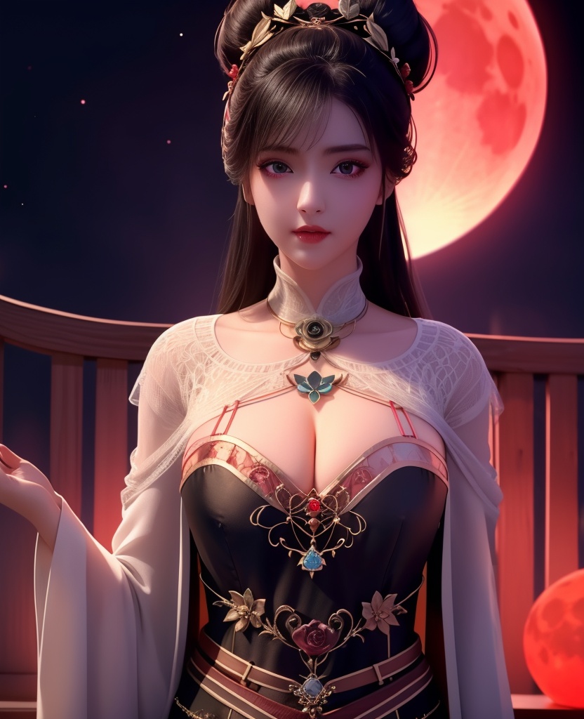 <lora:638-DA-暗河传-白鹤淮-妇人:0.8>(,1girl, ,best quality, ),looking at viewer,  ,,ultra detailed background,ultra detailed background,ultra realistic 8k cg,, ,masterpiece, (( , )),, ,science fiction,mole, ,    ,red moon, black rose,     (cleavage), (),