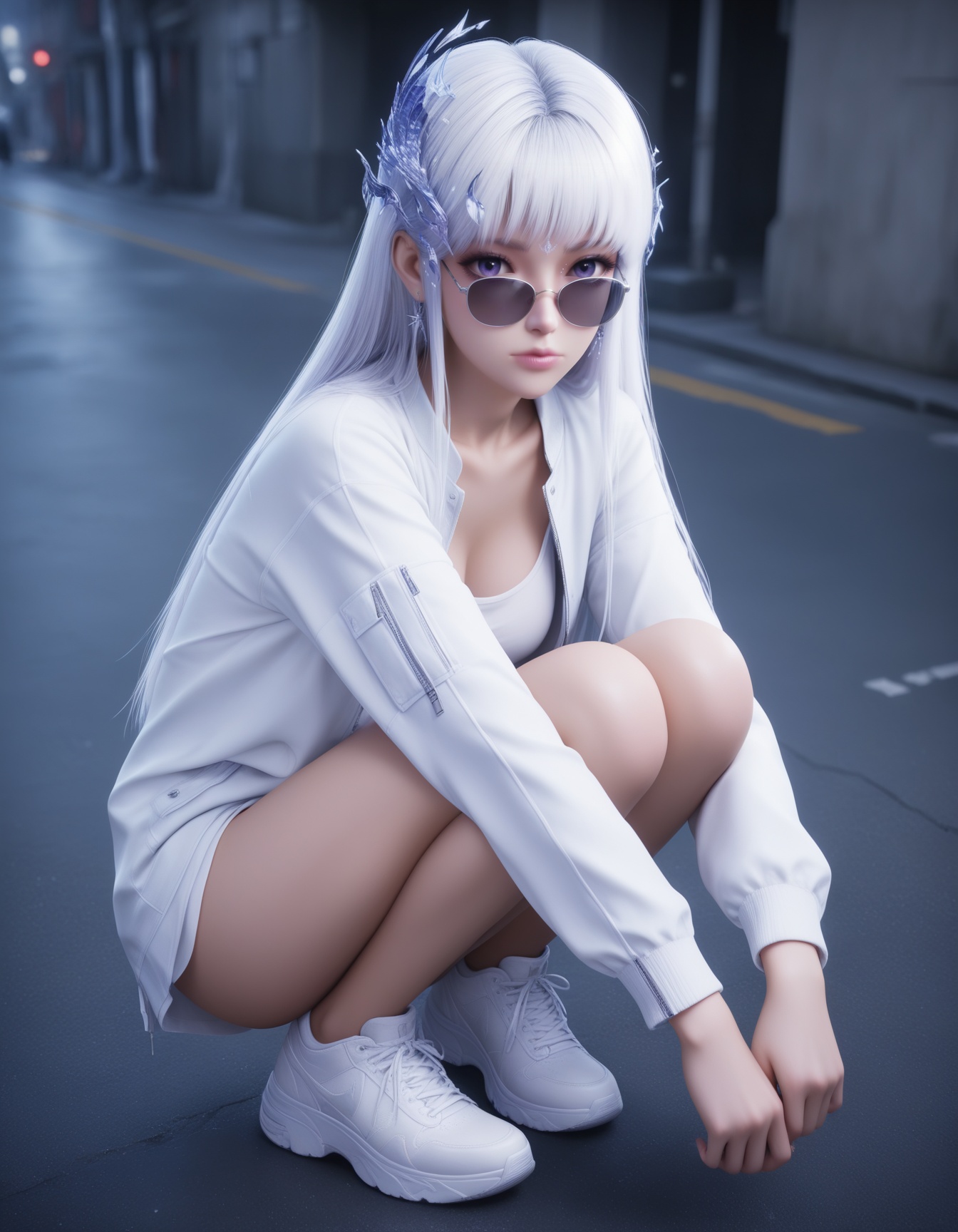 masterpiece,best quality,realistic,cinematic,detail eyes,(ultra-detailed),perfect composition,intricate details,absurdres,detailed face,high quality,high res,8K,white hair,purple eyes,hair_ornament,<lora:X_shengcaier_f_IL4.0:0.8>,1girl,solo,squatting,shoes,sunglasses,looking at viewer,shirt,long hair,sneakers,bangs,jacket,earrings,white shirt,jewelry,looking over eyewear,white jacket,long sleeves,white footwear,closed mouth,outdoors,full body,blurry,open clothes,lips,