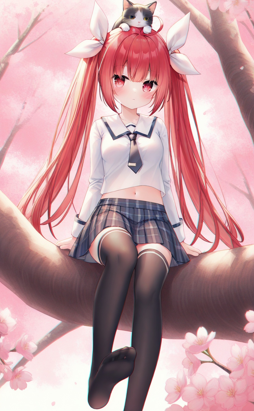 <lora:loli-qinli:0.8>,<lora:guizhencao-style:0.4>,guizhencao style,loli qinli,absurdres,best quality,chromatic_aberration,high quality,masterpiece,outdoors,1girl,solo,soles,ahoge,long hair,red eyes,red hair,twintails,hair ribbon,animal on head,blush,cat on head,closed mouth,looking at viewer,on head,breasts,midriff,navel,long sleeves,necktie,ribbon,school uniform,shirt,sitting,black thighhighs,plaid,plaid skirt,pleated skirt,skirt,thighhighs,in tree,sitting in tree,animal,branch,cat,cherry blossoms,tree,