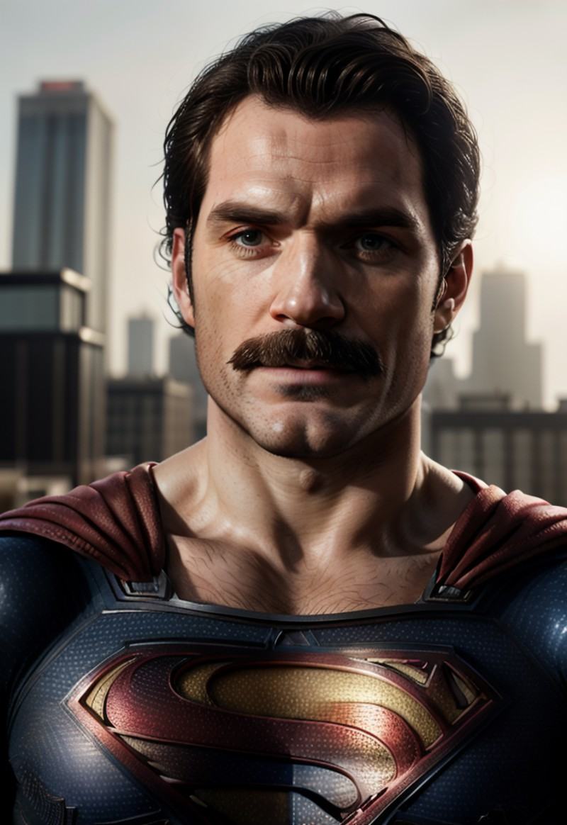 portrait of Henry Cavill in a superman suit,  mustache,  daylight on Tensor.Art