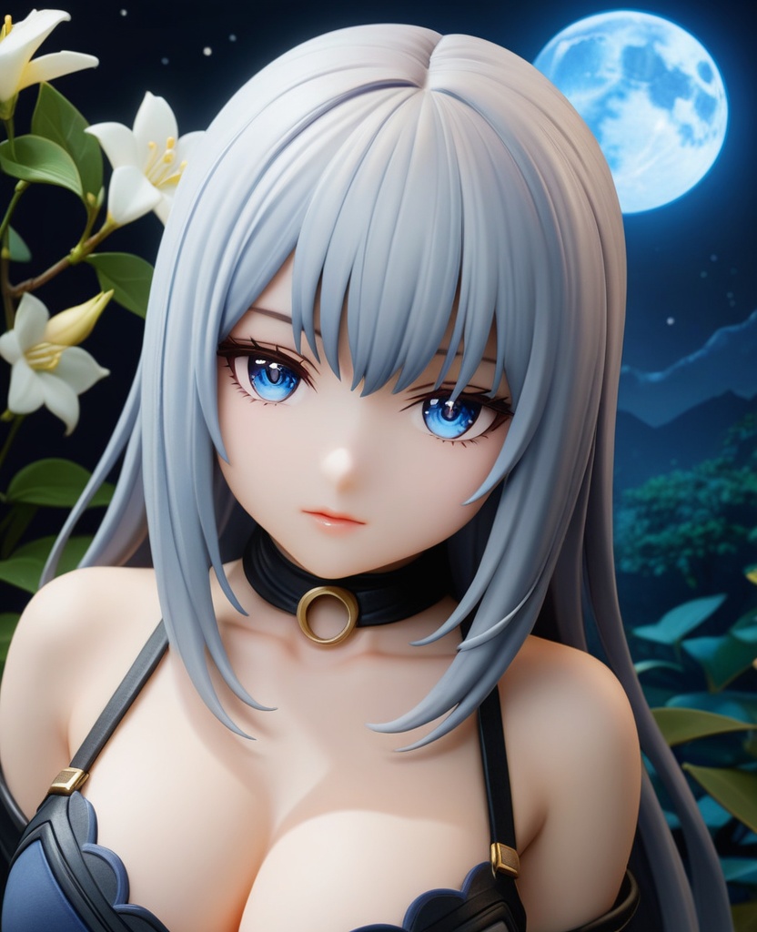 (,1girl, ,best quality, ),looking at viewer,  ,,ultra detailed background,ultra detailed background,ultra realistic 8k cg, ,masterpiece, (( , )),, realistic,science fiction,mole, ultra realistic 8k cg, ,     ,crescent moon, jasmine \(flower\),     (cleavage), (),