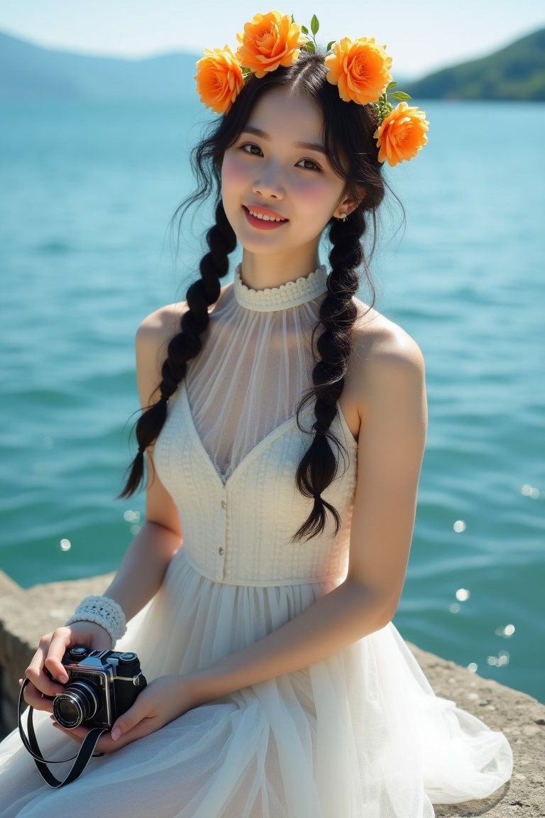 A young Asian woman with fair skin and loose braids of dark wavy hair. She was wearing a white sleeveless dress made of textured chiffon or sheer stiff yarn, giving a delicate and ethereal feeling. This dress has a high neckline and is decorated with a floral headpiece made of bright orange and yellow flowers, which contrasts sharply with her pale skin and dark hair. She was holding an old-fashioned camera in her hand, with a strap tied around her wrist and a delicate white lace glove on top. Her expression was soft and gentle, with a faint smile on her lips. She sat on a stone frame with a peaceful body of water in the background, possibly a lake or ocean. The water is deep blue, reflecting sunlight, and the distant horizon shows mountains under a clear blue sky. The overall atmosphere of the picture is peaceful and romantic, capturing moments of quiet contemplation by the water's edge. The composition and lighting emphasize the natural beauty of the subject and surrounding environment, creating a harmonious and picturesque scene.,