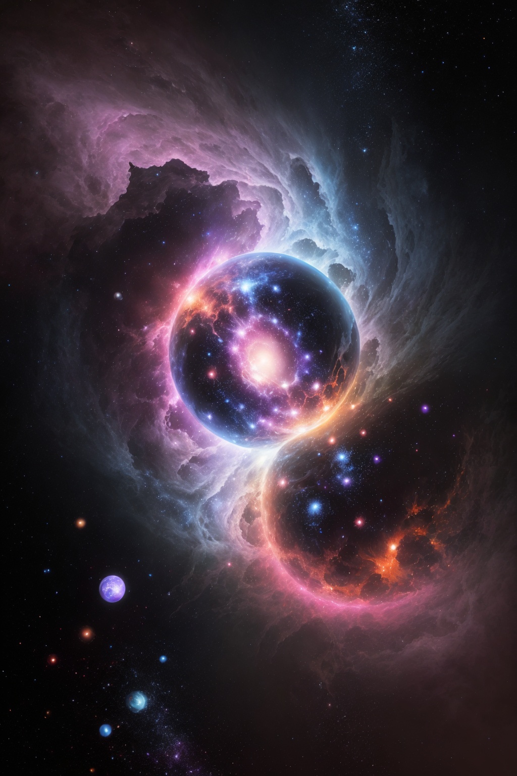 (Best quality, ultra-high resolution, high detail:1.2),A planet-**** object floating in an abstract nebula,galaxy and stars. The planet is surrounded by swirling purple,blue and white fluid art,creating a spherical hallucination effect. The background is the dark universe,forming a high contrast with the bright colors. The surface of the planet is smooth,with a glossy sheen,delicate textures,edge lighting highlights its dynamic characteristics. The whole picture is filled with thoughts and imaginations about the universe and life. High-definition,high-quality image,intricate,sharp focus,photorealistic painting art by midjourney., <lora:20240522-1716361934931:0.6>