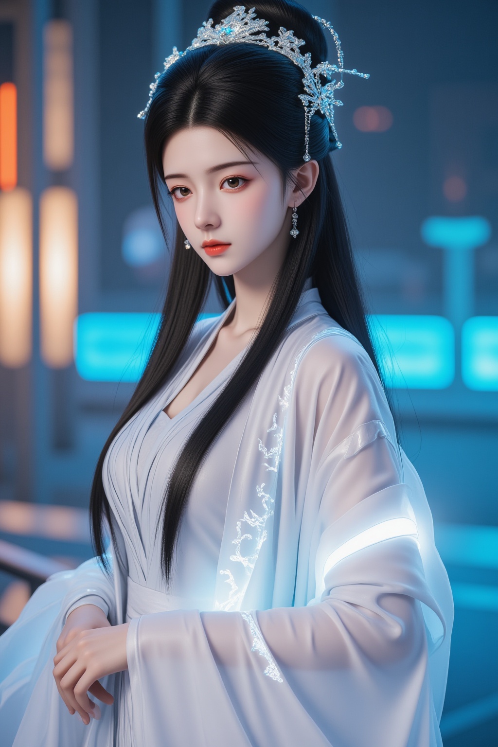 Cinematic photo girl,solo,brown eyes,black hair,looking at viewer,white hanfu,chinese clothes,long hair,cyberpunk,glowing cloak,armor