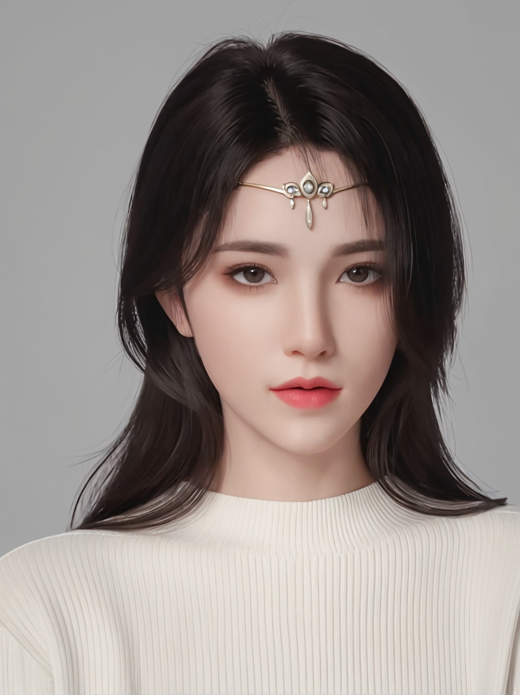 <lora:20250113-1736790602743:0.85>,xuanyi,1girl,solo,closed mouth,(forehead jewelry),white sweater,looking at viewer,grey background,realistic,depth of field,blurry background,