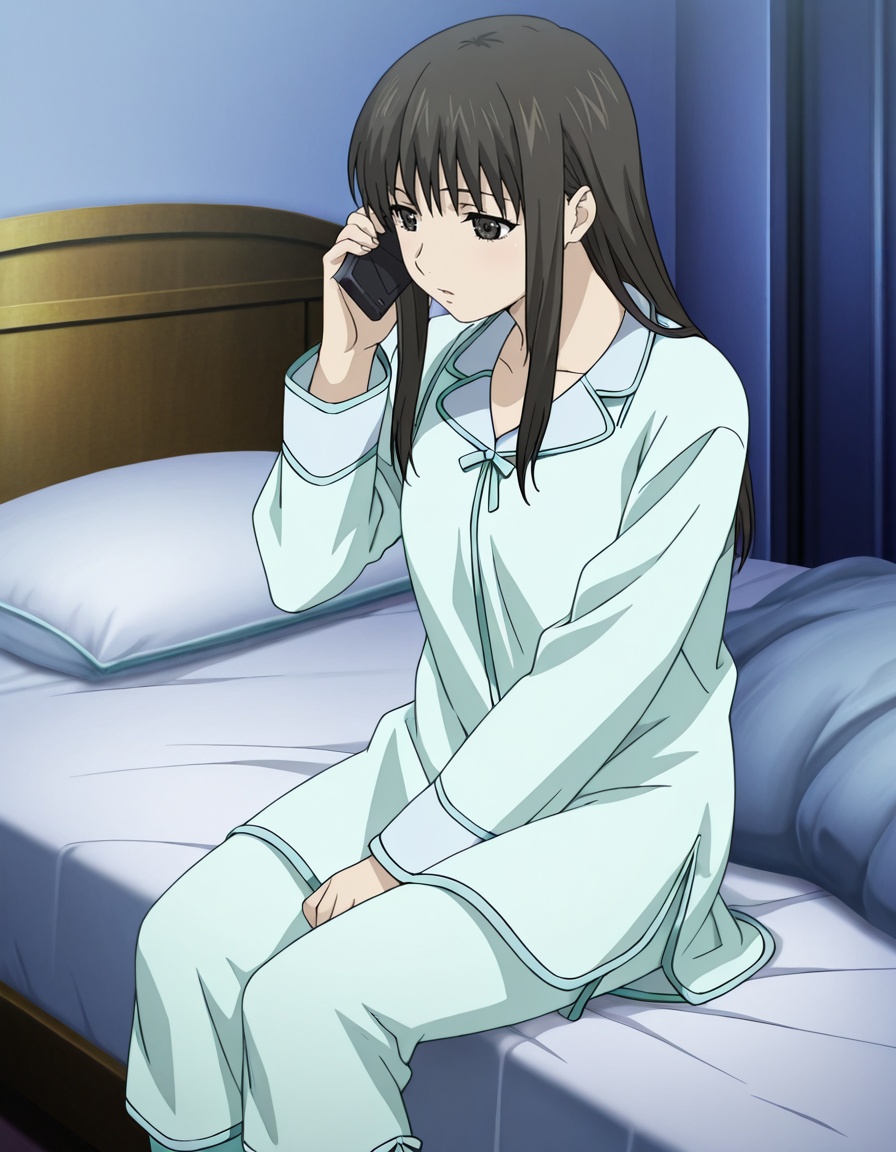 masterpiece, best quality, amazing quality,1girl, solo, sitting, bed, blanket, pillow, indoors, bedroom, talking on phone, <lora:mio_fujieda-requiem_for_the_phantom_s1-ixl-anime-soralz:1>, mio fujieda (requiem for the phantom), long hair, straight hair, sidelocks, black hair, black eyes,aqua pajamas, long sleeves, capri pants, <lora:StS-Illustrious-Detail-Slider-v1.0:3>