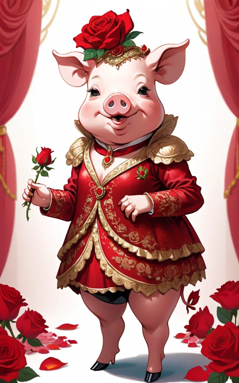 Illustration of a pig wearing a luxurious,  vibrant red rose-themed costume,  complete with delicate rose petals adorning...