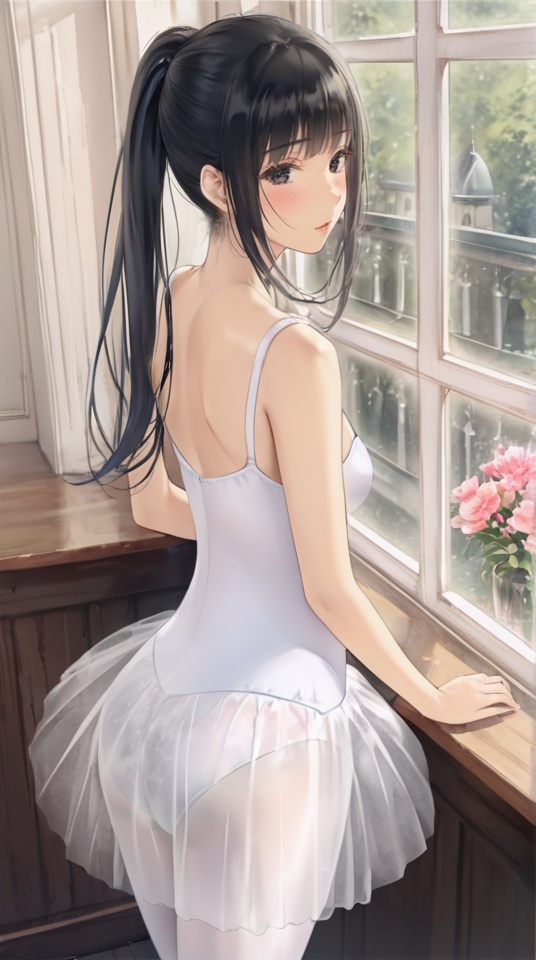 (best quality), ((masterpiece)), (highres), illustration, original, extremely detailed,   <lora:黑暗物语葬の花:0.7> 1girl, solo, black hair, long hair, ballerina, pantyhose, ponytail, ass, white pantyhose, leotard, window, black eyes, see-through, indoors, from behind, bangs, skirt, flower, blush, standing