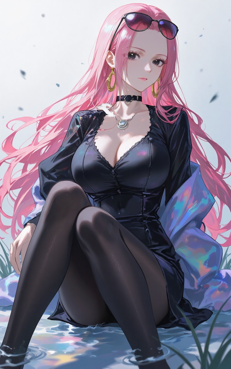 Hina\(one piece\),baoshi,lvjing,Hina\(one piece\),pink hair,black eyes,eyewear on head,long hair,sharp eyes,close-up,1girl,jewelry,solo,earrings,long hair,pantyhose,sitting,crossed legs,breasts,shirt,jacket,collared shirt,skirt,black pantyhose,black shirt,water,grass,outdoors,long sleeves,collarbone,large breasts,simple background,gradient_background,Close-up details,outstanding style,adding a touch of dimension to your images without compromising details,absurdres,colorful,