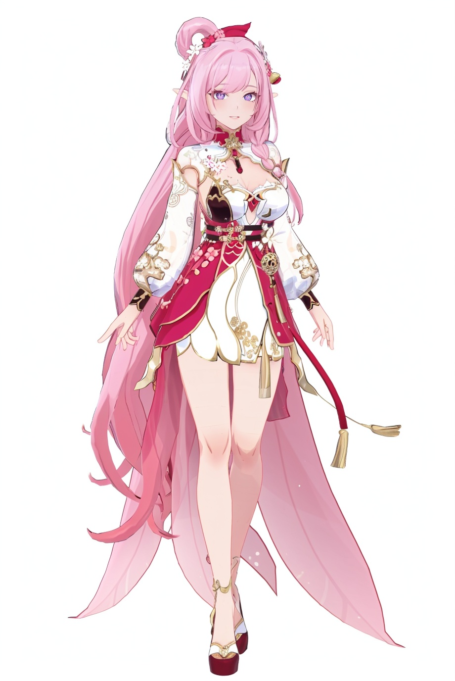 8k,best quality,masterpiece,(ultra-detailed),(high detailed skin),(by nanoless, by misumi \(macaroni\),:0.5),A full-body portrait of a young girl,standing gracefully,pastel art style,high-key lighting,shoujo manga influence,hd quality,delicate details,full body,full shot,standing,looking at viewer,(solo:1.2),simple background,(white background:1.2),<lora:Elysia-sd-Tanger-000019:0.8>,elysia \(honkai impact\),Elysiacn,clothes: Elysiacn red-and-pink chinese dress,Elysiacn hair ornament,1girl,pink hair,pointy ears,breasts,long hair,elf,purple eyes,flower,bangs,hair flower,diamond-shaped pupils,Peach branch with peach blossom,asymmetrical dress,