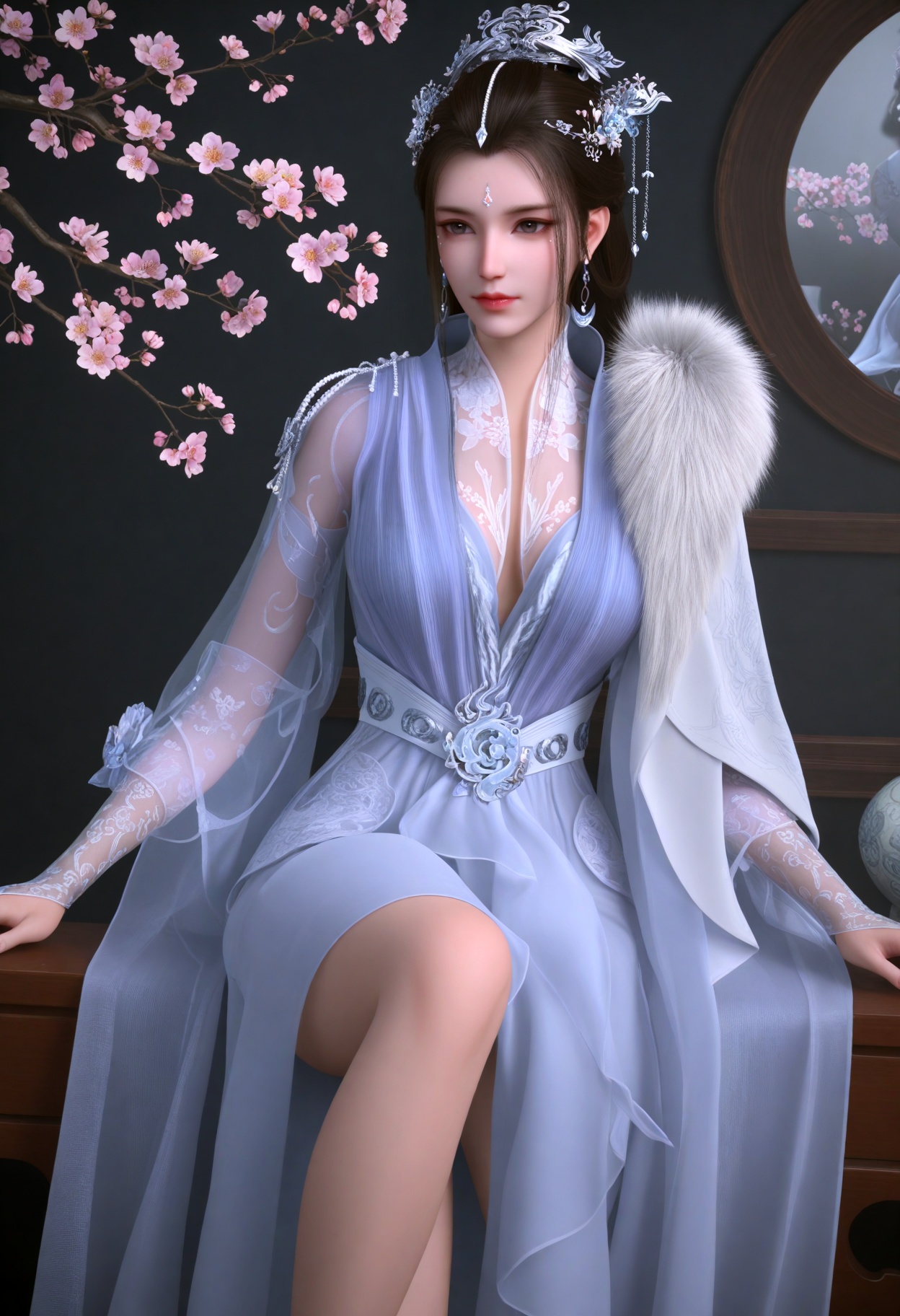 (full_body:1.1),(gigantic breasts:0.6),(slender:1.3),(looking_at_viewer:1.1),(masterpiece:1.1),(best quality:1.2),(intricate details),(smog:1.3),(Dark room:1.3),(dim lighting:1.3),peach blossom,falling petals,<lora:YQ_Illustrious光辉v5_月瑶_V1:0.8>,1girl,q1528437228,jewelry,hair_ornament,long_hair,black_hair,earrings,dress,chinese_clothes,realistic,white_dress,forehead_mark,facial_mark,hair_bun,fur_trim,brown_hair,flower,single_hair_bun,cape,long_sleeves,brown_eyes,necklace,gem,blue_eyes,braid,blue_dress,hair_flower,white_footwear,anklet,hand_fan,masterpiece,(best quality),(intricate details:0.9) BREAK (intricate details:0.9),(realistic skin:1.2),masterpiece,best quality,newest,absurdres,hiahres,