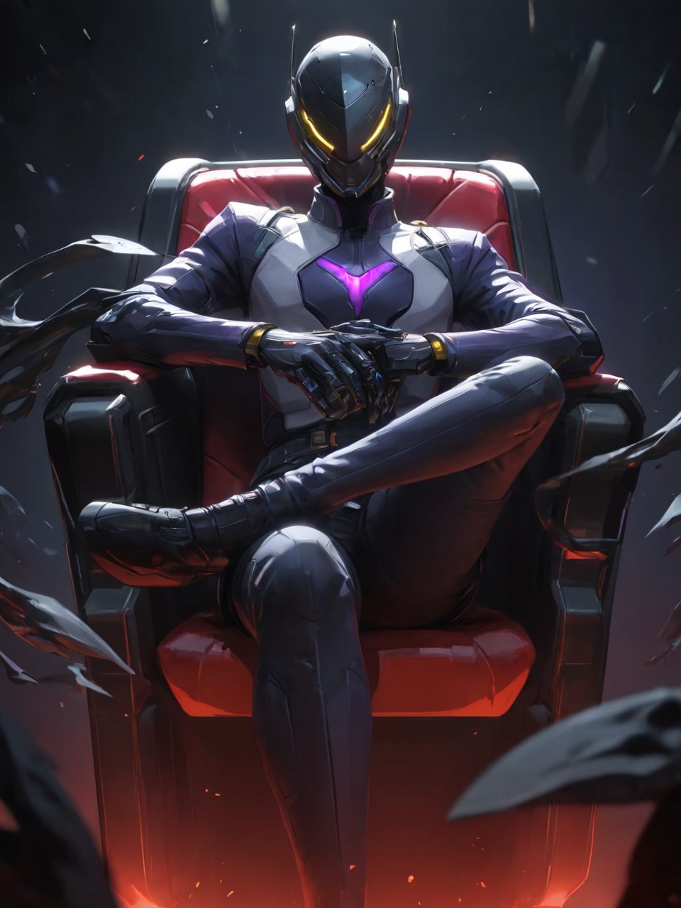 Vyse,sitting,holding gun,male focus,crossed legs,this digital artwork features a dark,futuristic humanoid figure seated in a high-tech chair. the figure has a sleek,black helmet with glowing yellow eyes and wears a white,form-fitting suit with a purple stripe. the background is dark and blurred,with red and black accents,giving a menacing atmosphere. the figure's right hand holds a futuristic gun,while its left hand gestures. the style is reminiscent of cyberpunk,with a sci-fi aesthetic. no watermark is present.,looking_at_viewer,real,ray tracing,ultra sharp,ultra high resolution,(masterpiece),(best quality),super detailed,extremely delicate and beautiful,exquisite facial features,super delicate face,cinematic light,detailed environment,ultra realistic details,facing camera,finely detailed features,cinematic lighting effects,photoreal,32k uhd,cinematic lighting effects,
