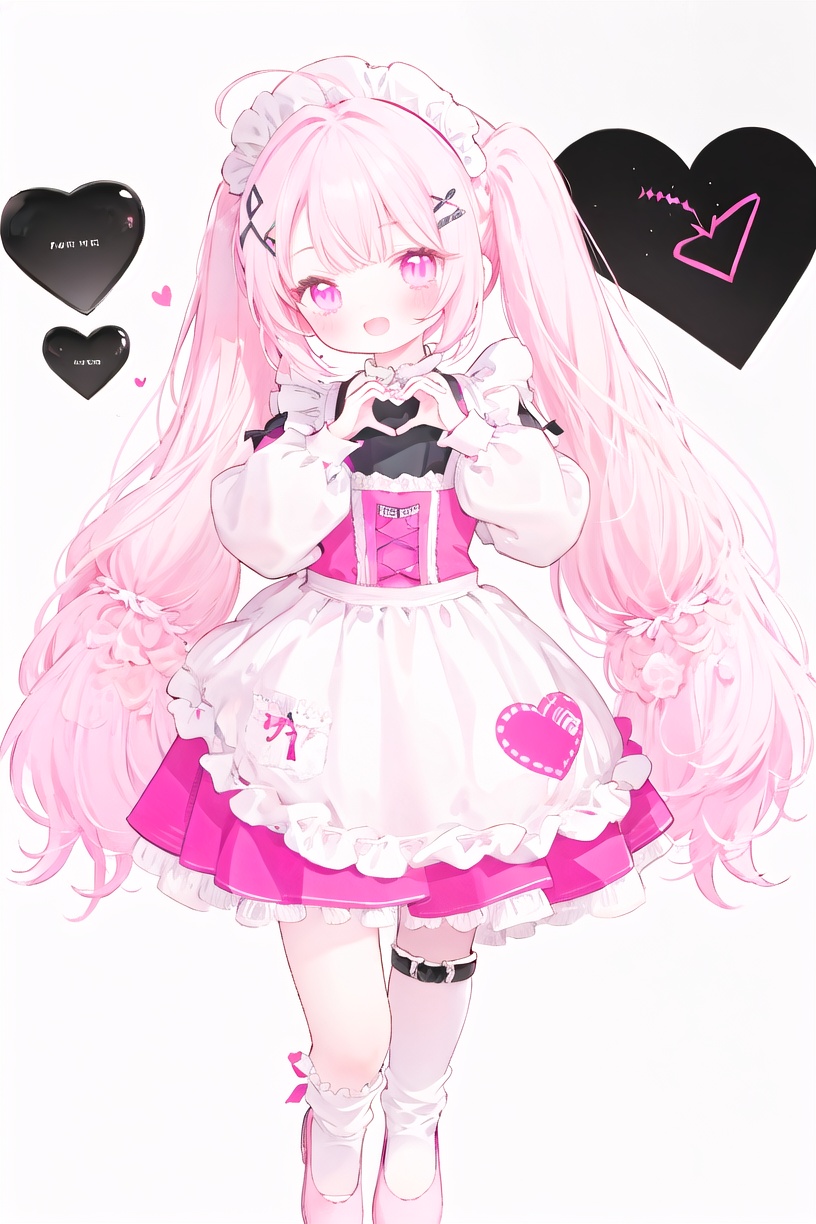 masterpiece, best quality, 1girl, heart hands, solo, pink hair, heart, maid headdress, twintails, long hair, pink eyes, pink footwear, hair ornament, smile, socks, frills, looking at viewer, apron, pink skirt, shoes, maid, open mouth, blush, long sleeves, ahoge, bangs, x hair ornament, white socks, dress, :d, shirt, very long hair, standing on one leg, kneehighs, white shirt, pink dress, hairclip, thigh strap, skirt, puffy sleeves, heart hair ornament, corset, white apron, white background, frilled apron, leg up, mary janes <lora:gzc:0.8><lora:exposure_control_v10:0.7> <lora:clearcolor_v1.7_lbw:0.7>