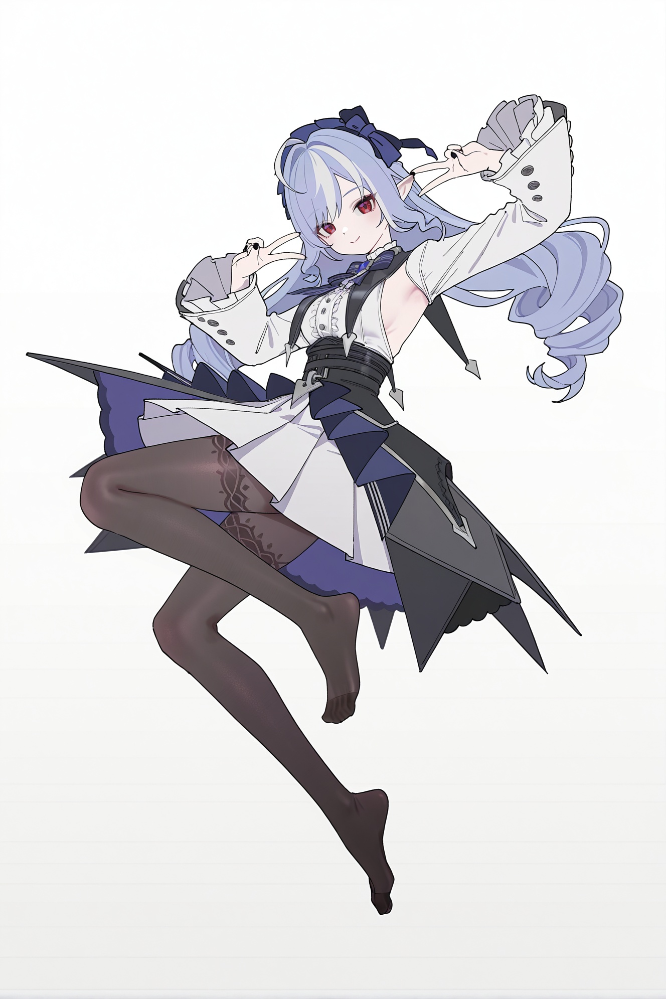 8k,best quality,masterpiece,ultra-detailed,(high detailed skin),(year 2024:0.8),flat color,artist:maidforge,artist:aqua inc.,artist:edoya inuhachi,artist:reoen,artist:fuzichoco,solo,white background,simple background,skinny,indoor,barefeet, looking_at_viewer,panorama,full_shot,dashed_eyes,jumping,double_v,happy,<lora:vivian-ill-Tanger:0.8>,vivian \(zenless zone zero\),clothes: vivian def dress,vivian hairband with bow,1girl,red eyes,long hair,long sleeves,pointy ears,bow,black pantyhose,