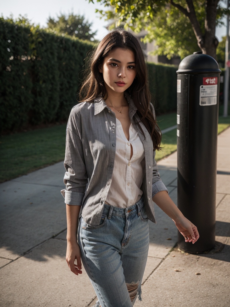 Portrait draw beautiful girl dark hair,  gray eyes,  open Shirt on Tensor.Art