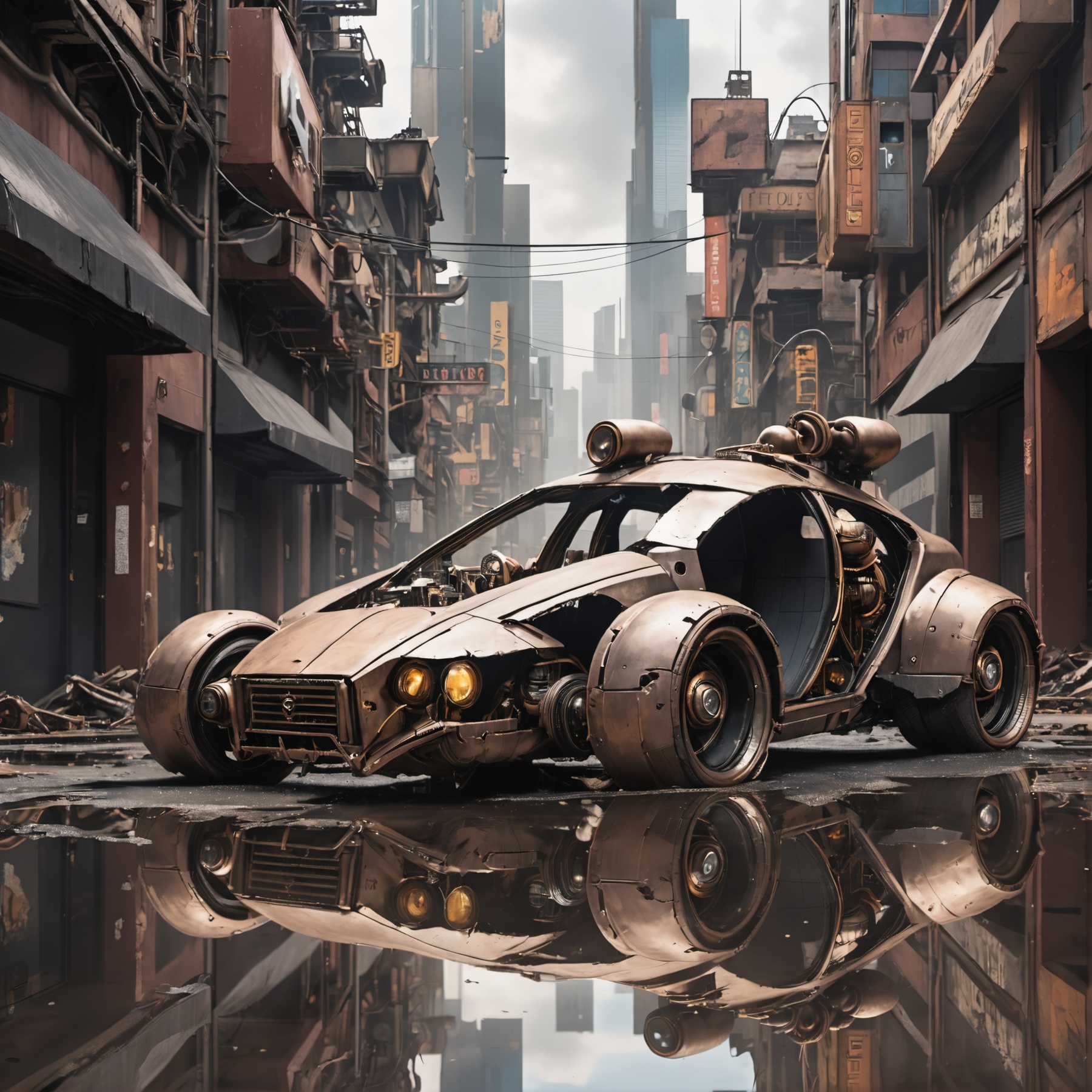 photo of a futuristic steampunk car,  destroyed cyberpunk city,  reflective puddles on Tensor.Art