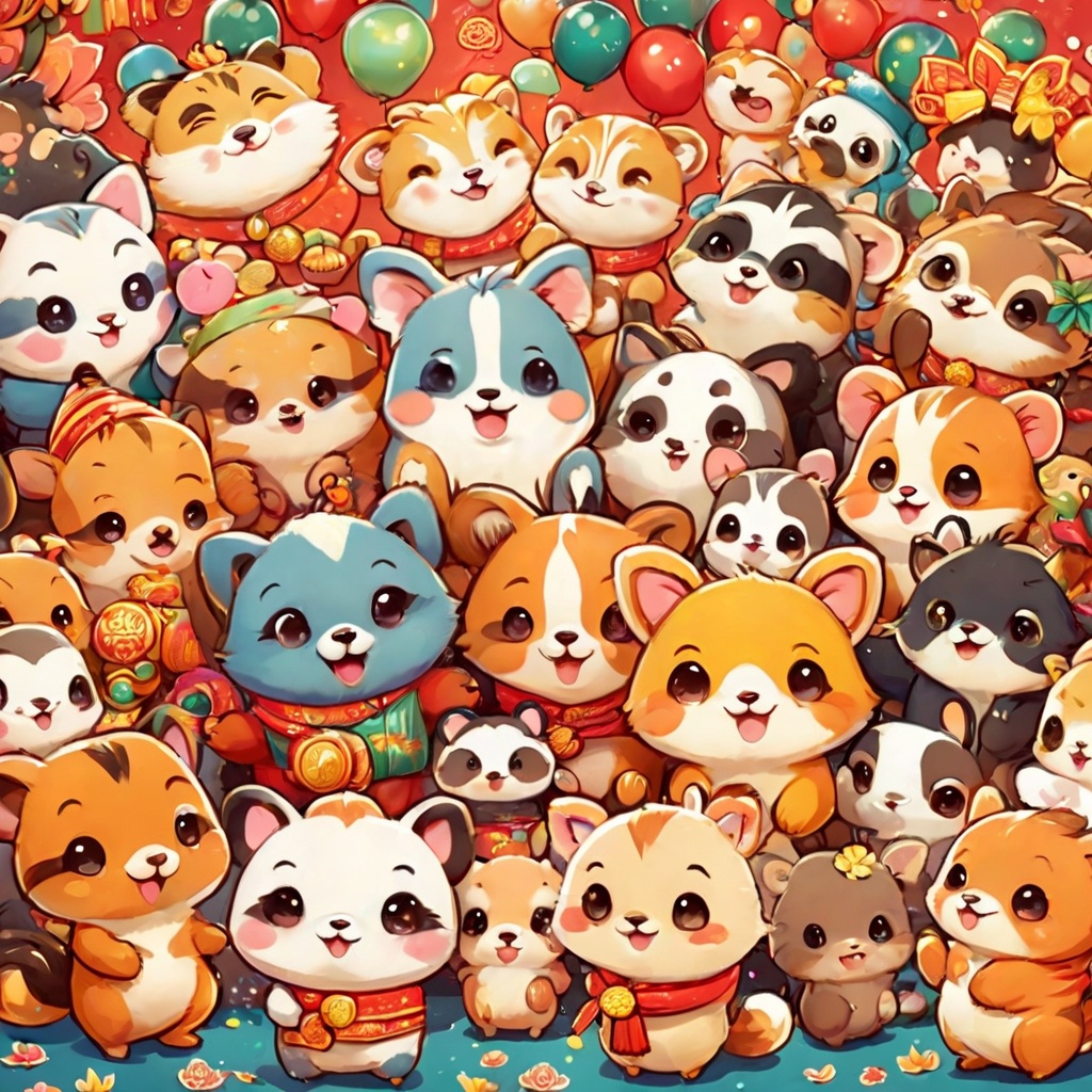 many animals,cute,poakl cartoon newyear style,best quality,masterpiece,<lora:poaklSDXLcartoonnewyearV2-000007:0.6>,