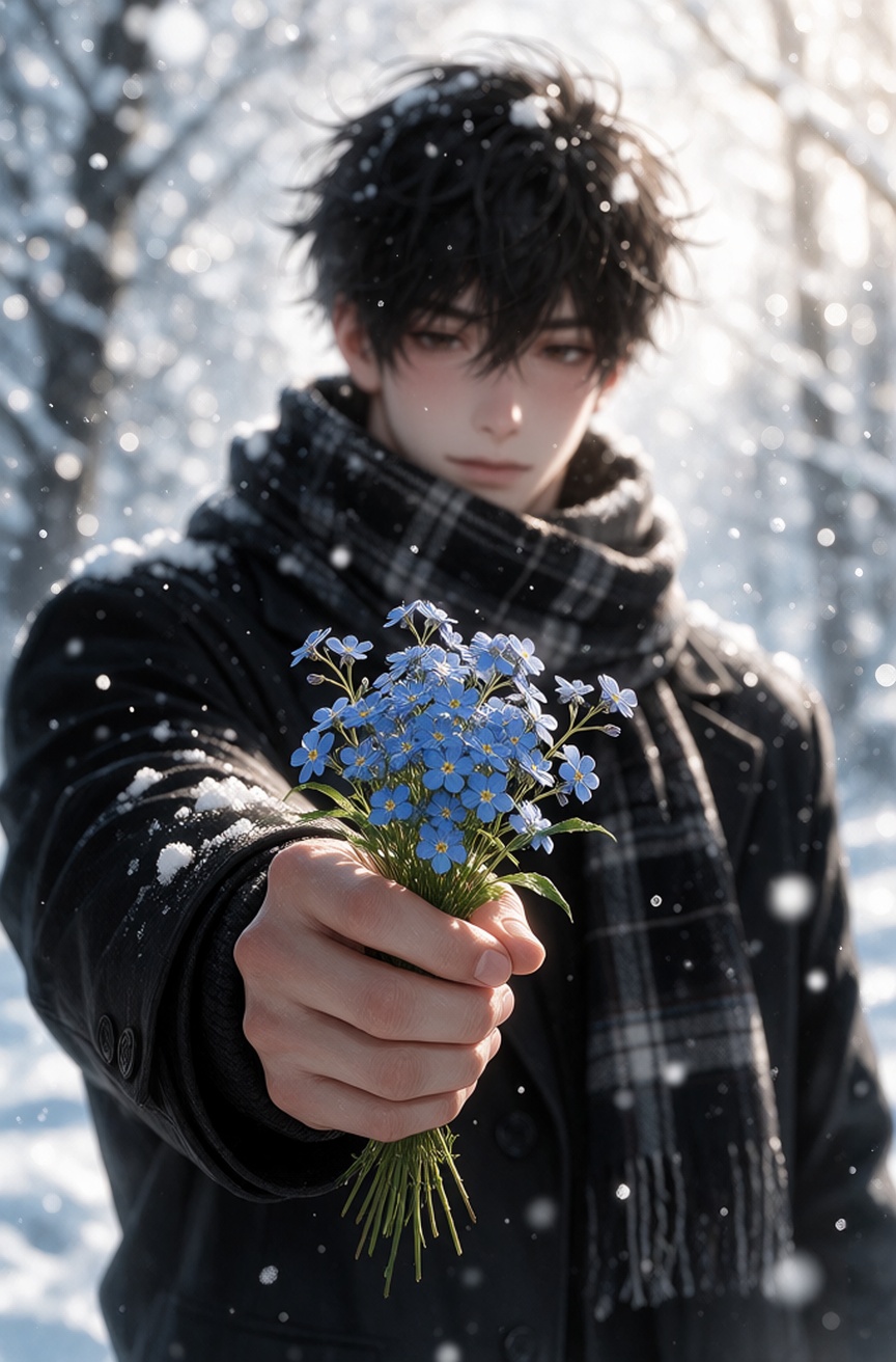 Soft,  luminous anime illustration with a cinematic shallow depth of field,  high-key winter lighting and a clean on Tenso...