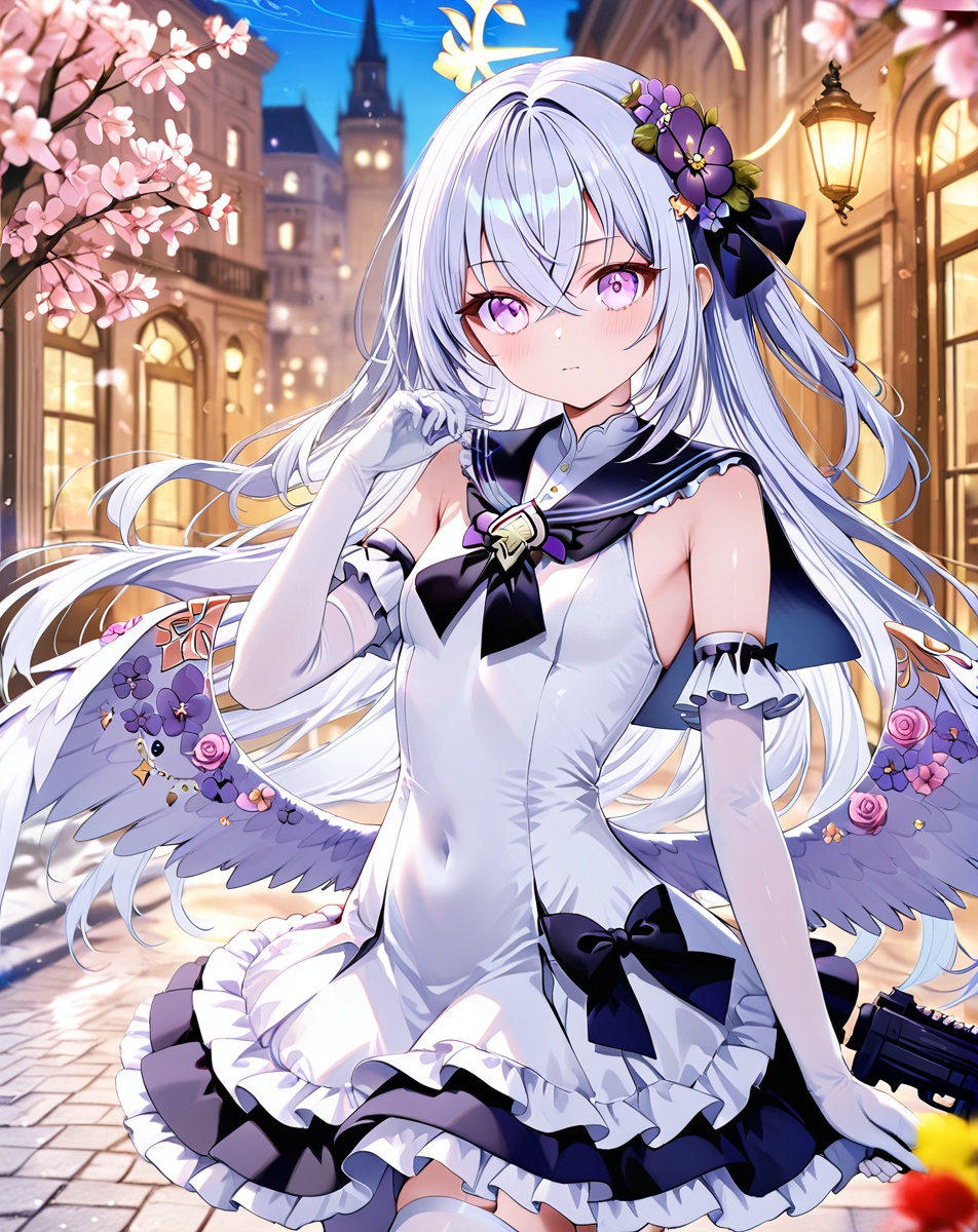 azusa (blue archive),Noyu,Torino,jw,0,1girl, solo, azusa (blue archive), long hair, wings, gun, weapon, halo, hair ornament, flower, white hair, hair flower, gloves, rifle, covered navel, dress, bangs, small breasts, closed mouth, white wings, looking at viewer, holding weapon, holding gun, hair between eyes, low wings, holding, floating hair, frills, elbow gloves, assault rifle, sleeveless, sailor collar, outdoors, blurry background, cowboy shot, very long hair, crossed bangs, thighhighs, white gloves, breasts, blurry, blush, skirt, feathered wings, hand up, purple flower, standing, purple eyes, black sailor collar, frilled dress, white thighhighs,(UHD),anatomically correct,ccurate,textured skin,super detail,high details,award winning,best quality,high quality,retina,16k,HD,1080P,8k,